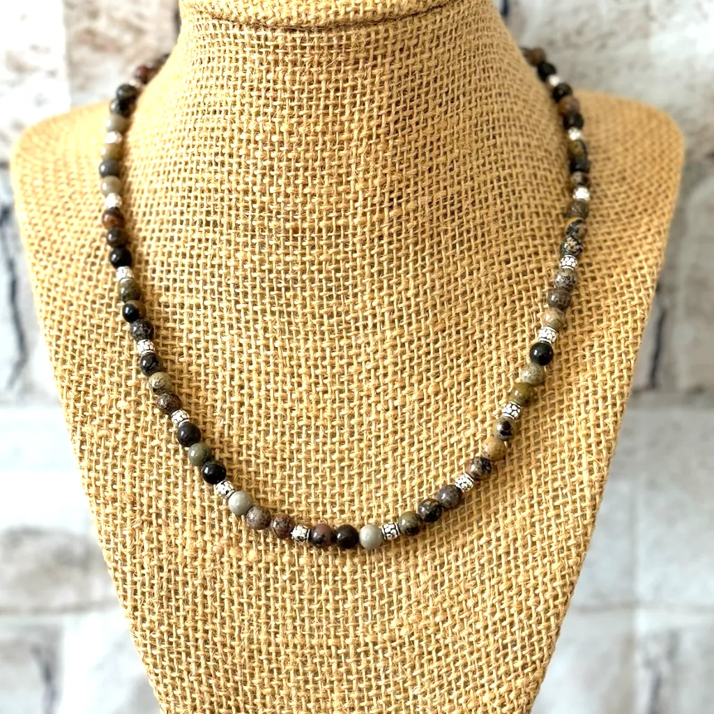 Artistic Stone and Silver Beaded Mens Necklace