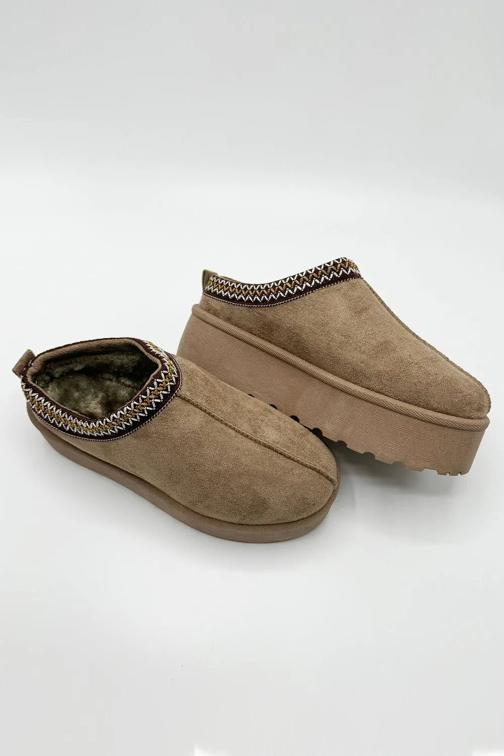 Astri Faux Fur Lining Knit Pattern Detail Flatform Slippers in Mocha