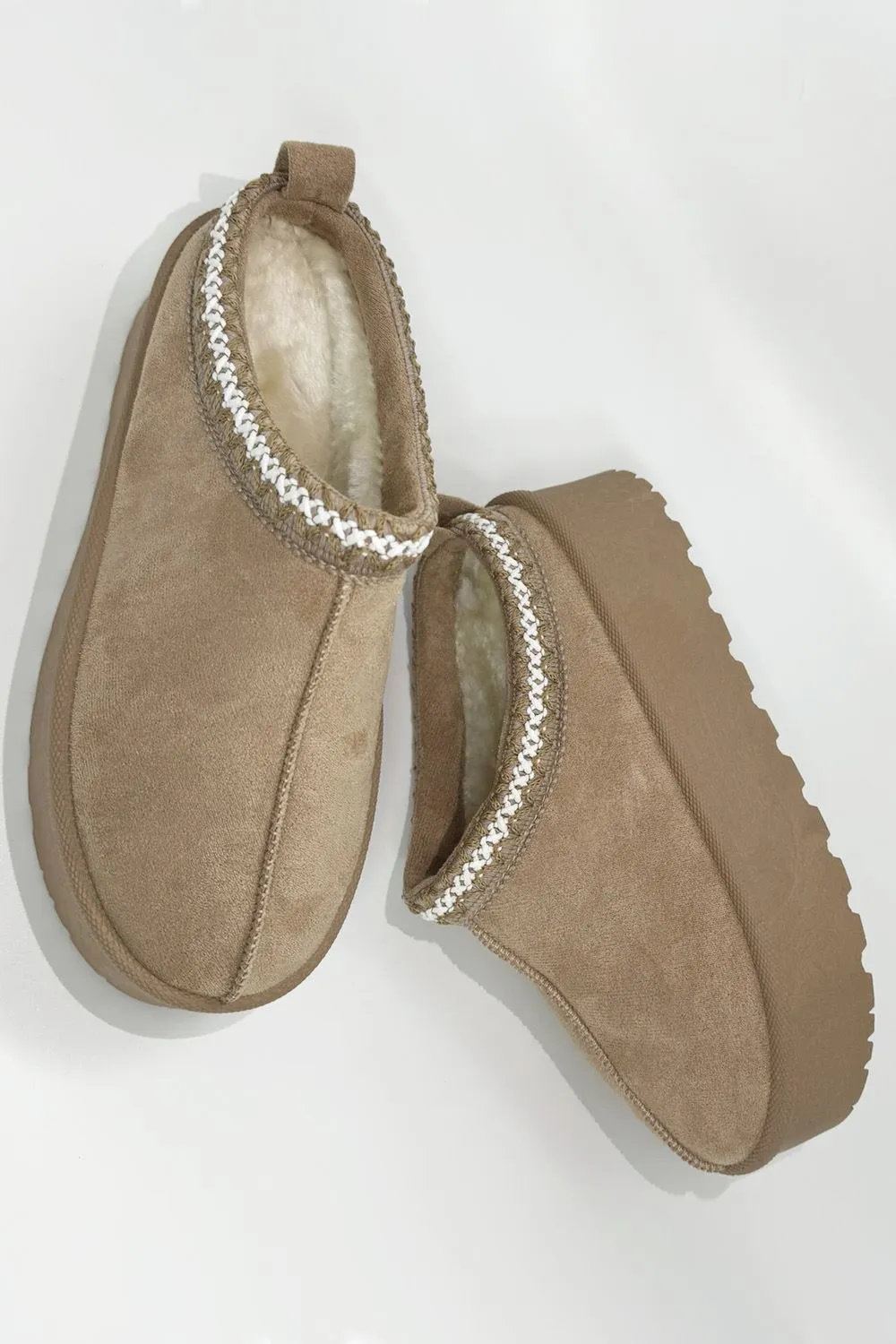 Astri Faux Fur Lining Knit Pattern Detail Flatform Slippers in Sand