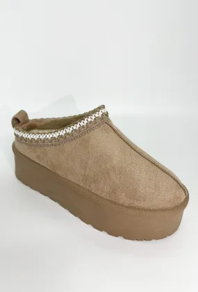 Astri Faux Fur Lining Knit Pattern Detail Flatform Slippers in Sand