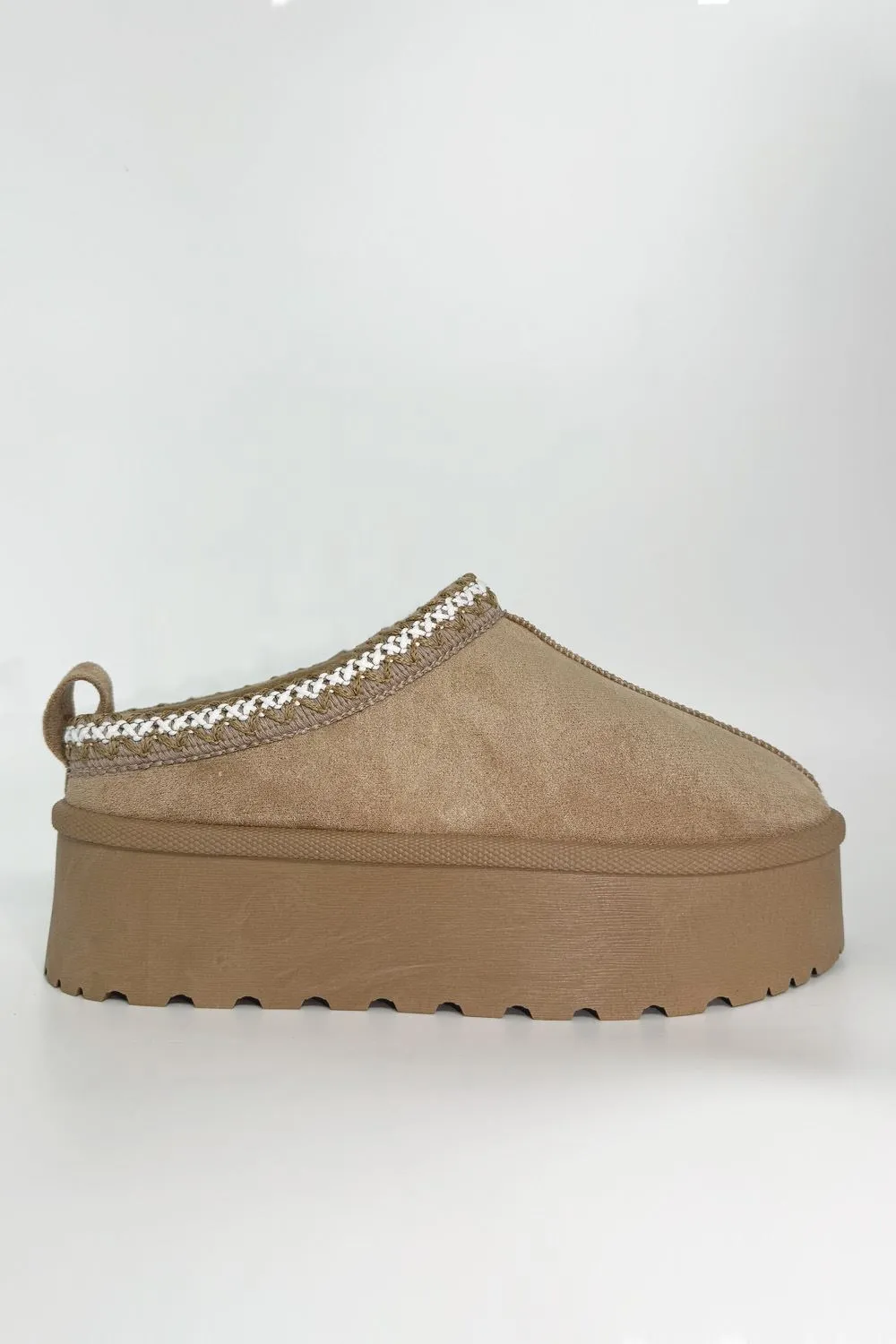 Astri Faux Fur Lining Knit Pattern Detail Flatform Slippers in Sand