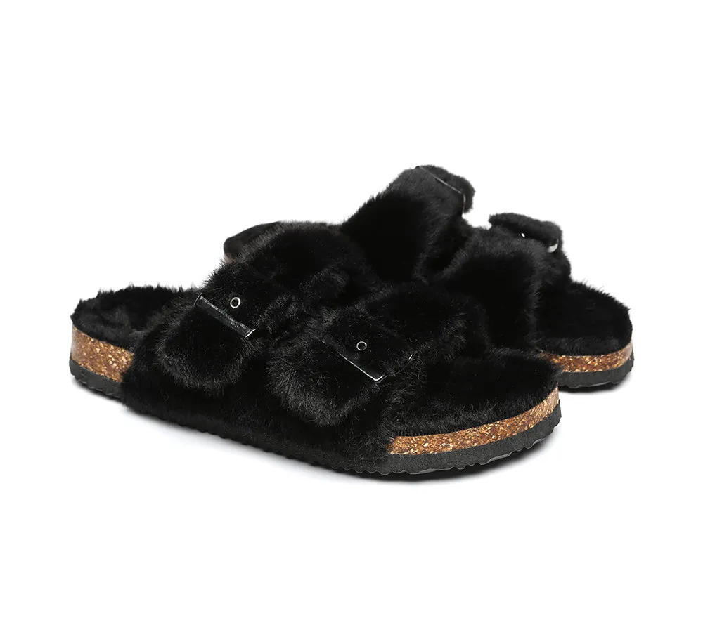 Australian Sheepskin Double Straps Fuzzy Slide Sandals