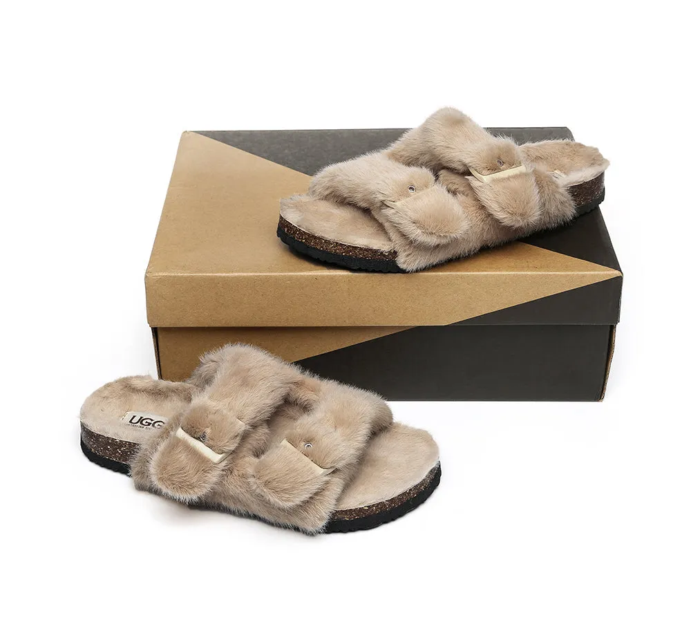 Australian Sheepskin Double Straps Fuzzy Slide Sandals