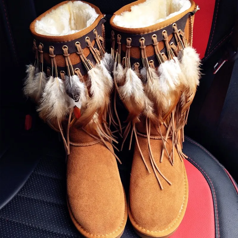 Boho Snow Boots Camel Brown Fleece Lined Vegan Suede Pull On Mid Calf Tribal Feather And Leather Fringe Winter Boots