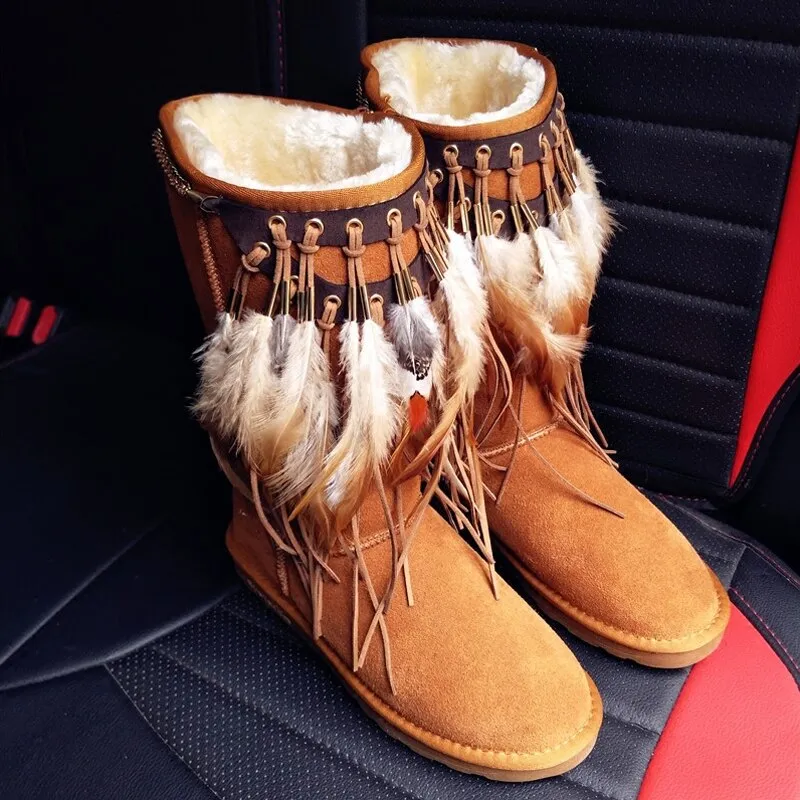 Boho Snow Boots Camel Brown Fleece Lined Vegan Suede Pull On Mid Calf Tribal Feather And Leather Fringe Winter Boots