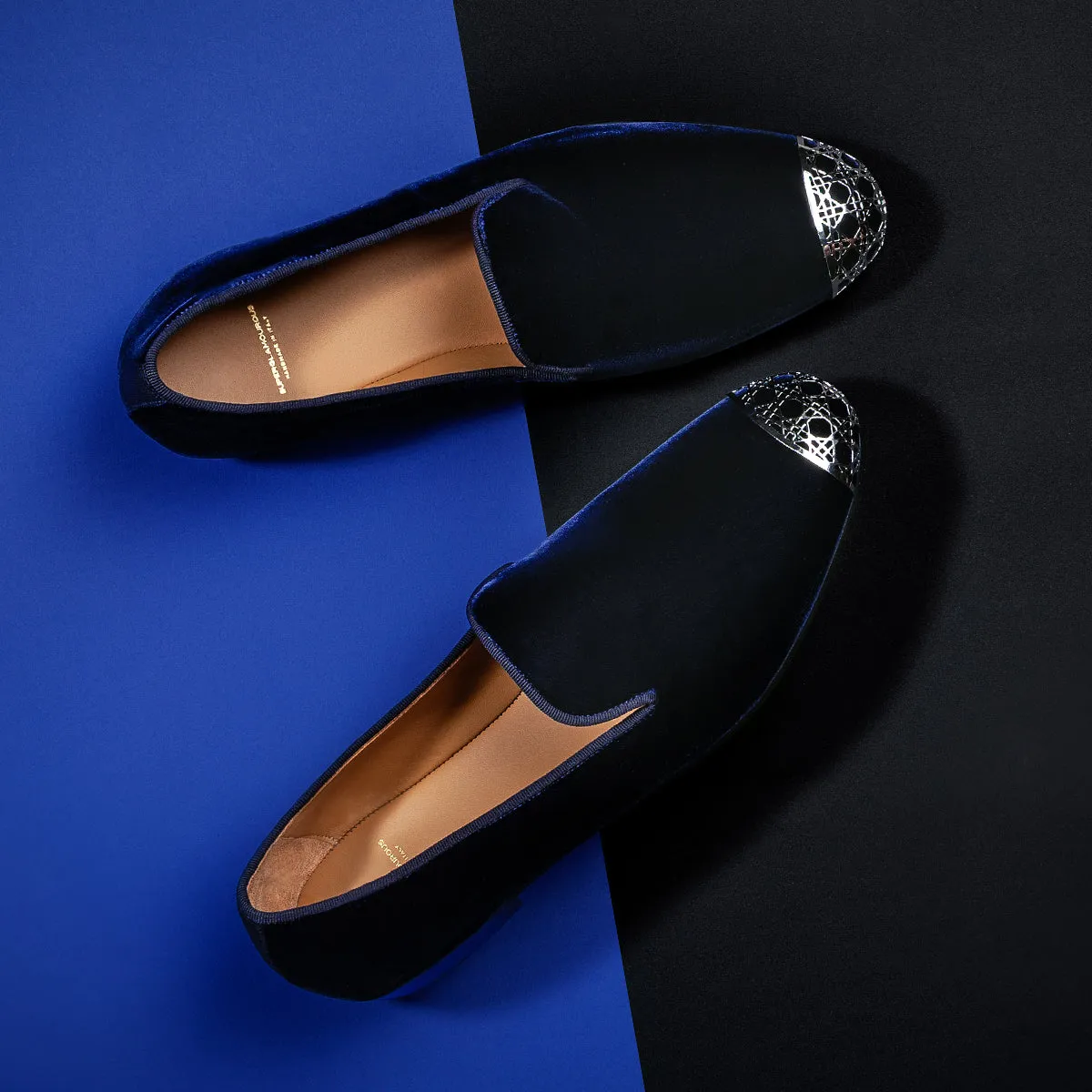 CARRAWAY VELOUR NAVY SLIPPERS