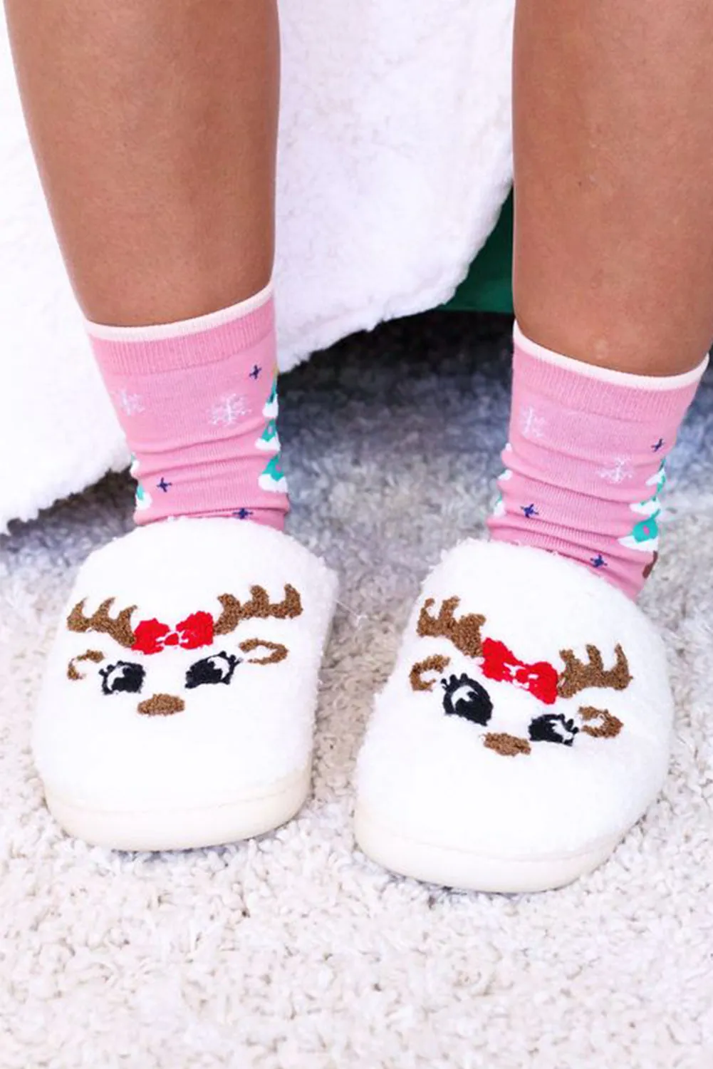 Christmas Reindeer Slippers for Womens Santa Claus Plush Slippers