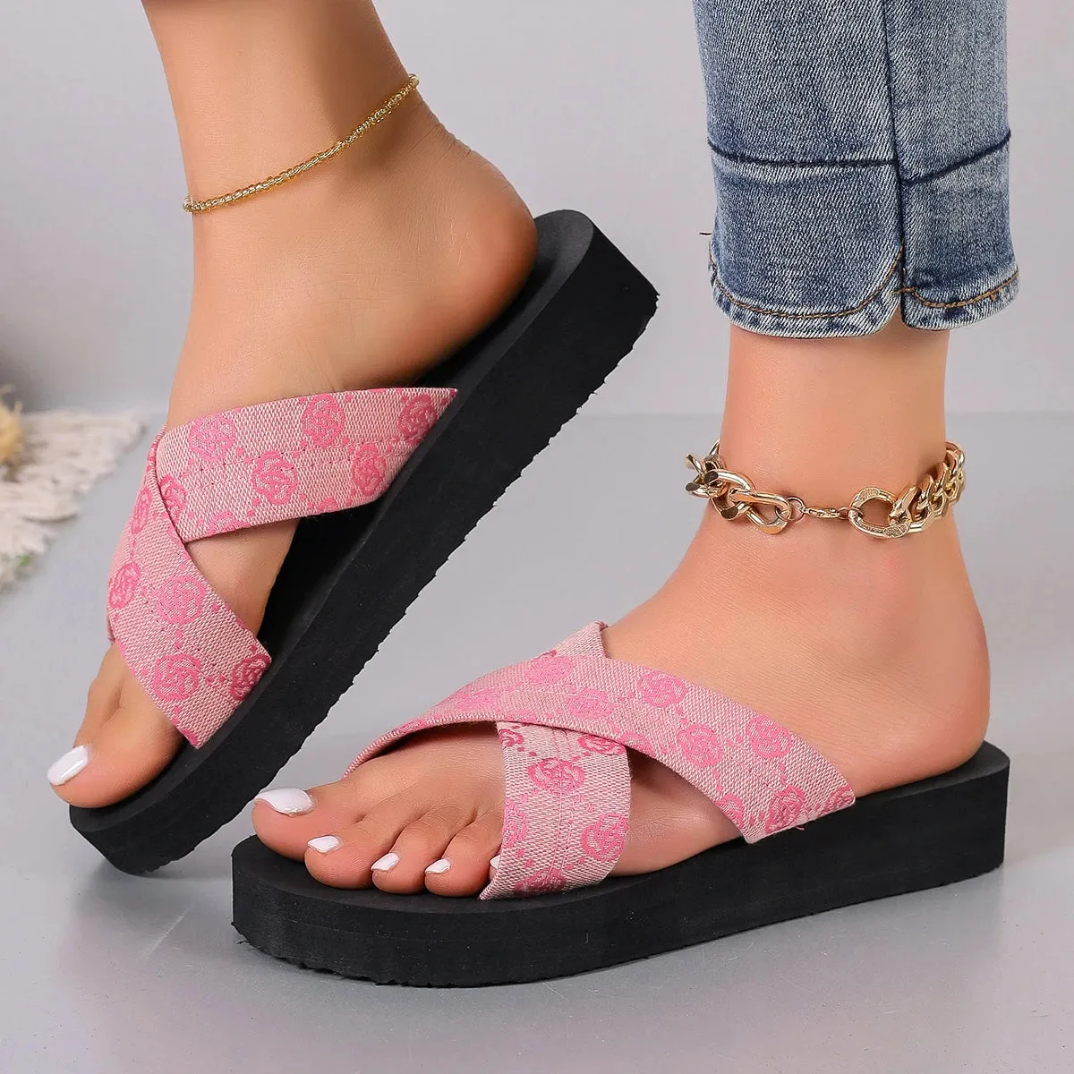 Cloth Slippers for Women Shoes Flower Peep Toe Cross Tie Ladies Casual Slides Female Beach Slippers Flat Shoes