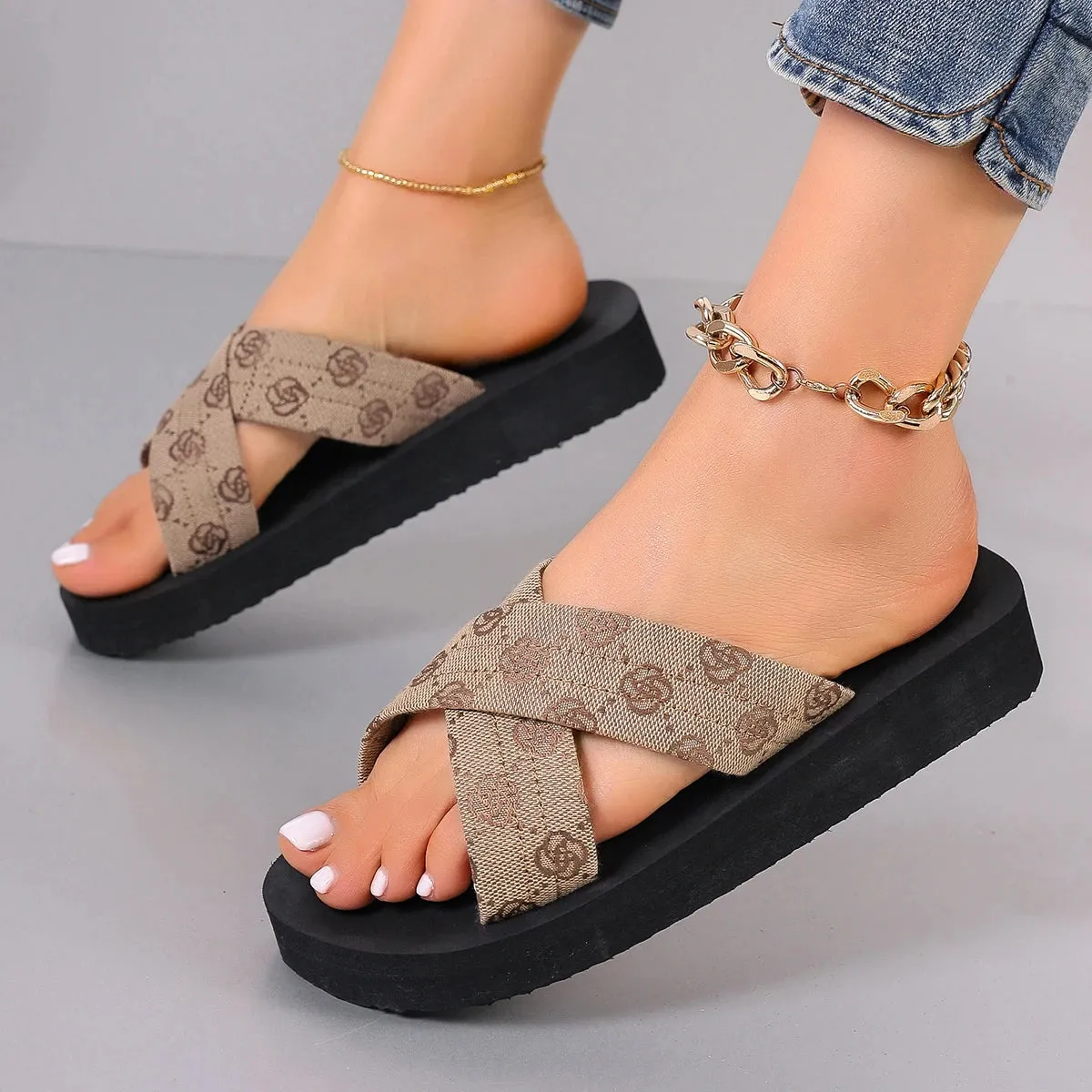 Cloth Slippers for Women Shoes Flower Peep Toe Cross Tie Ladies Casual Slides Female Beach Slippers Flat Shoes