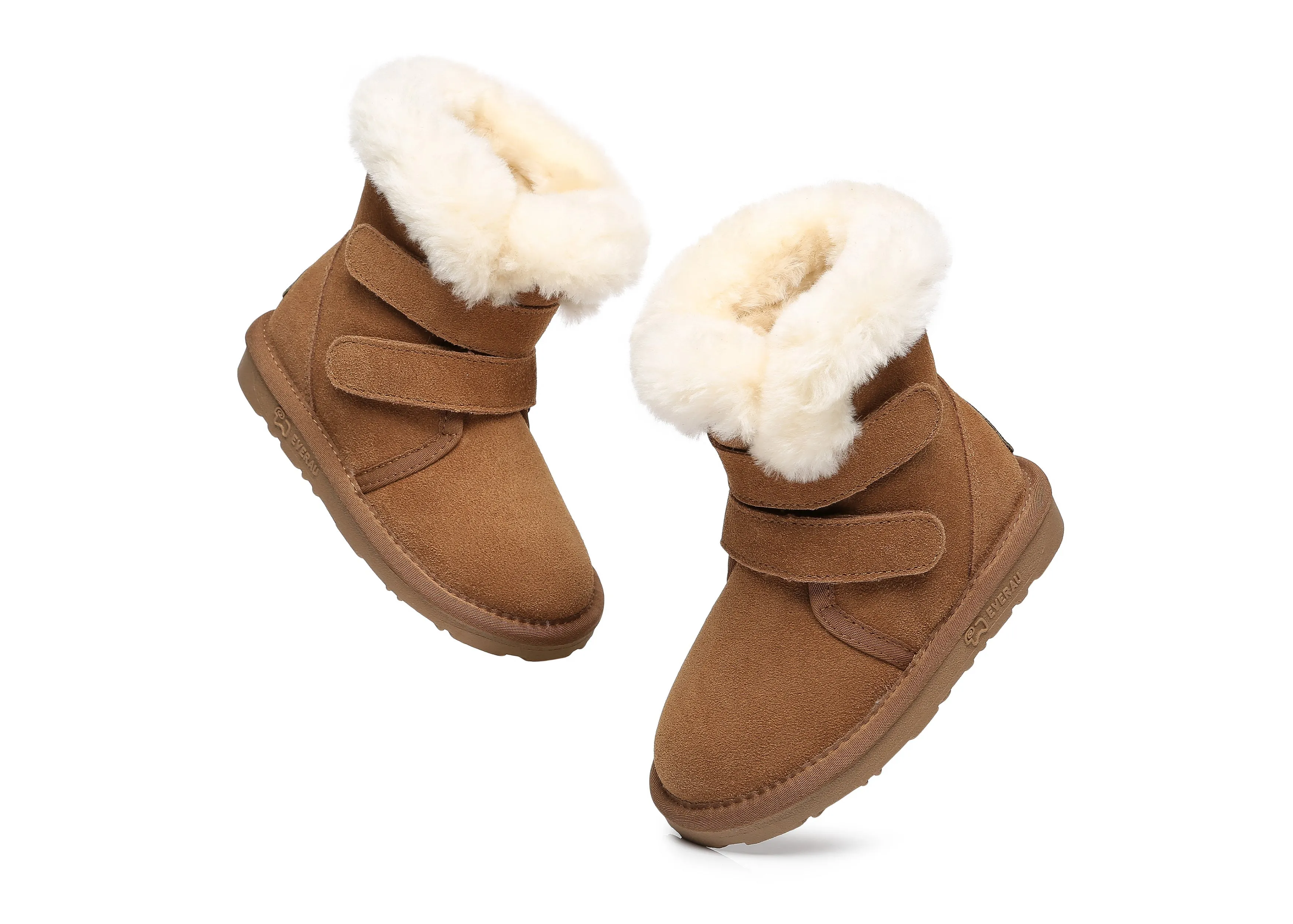 Double Hook And Loop Strap Sheepskin Boots Kids Nordic