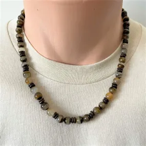 Golden Wooden Jasper and Wood Mens Beaded Necklace