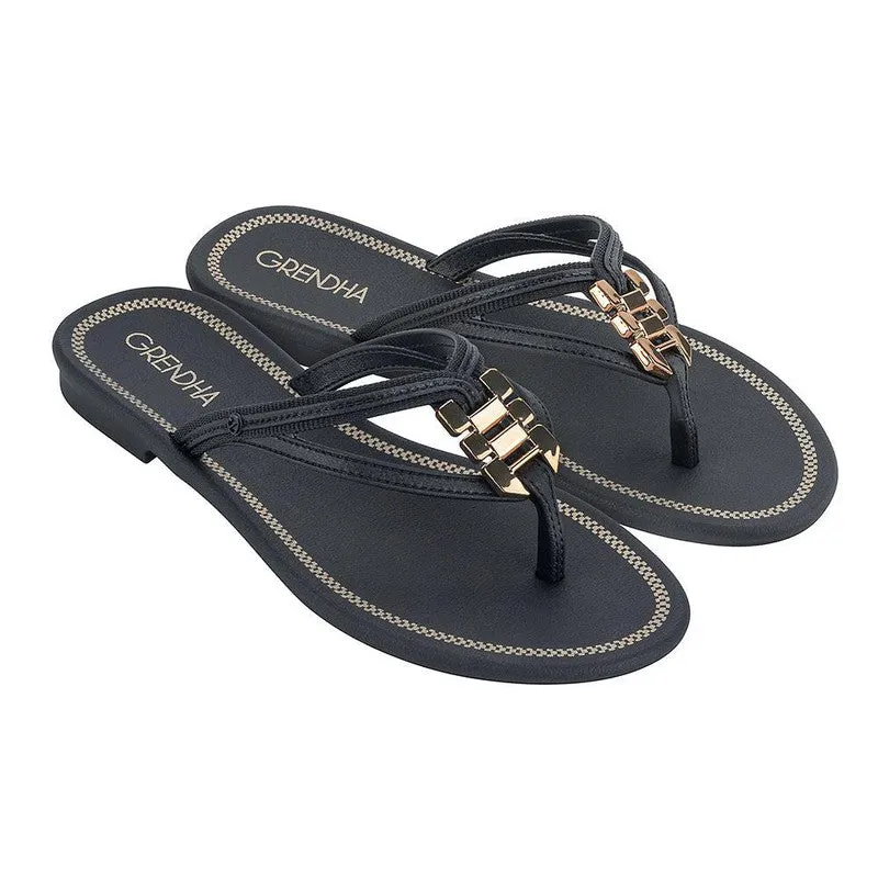 Grendha Thong Sandals with Gold Trim - Black