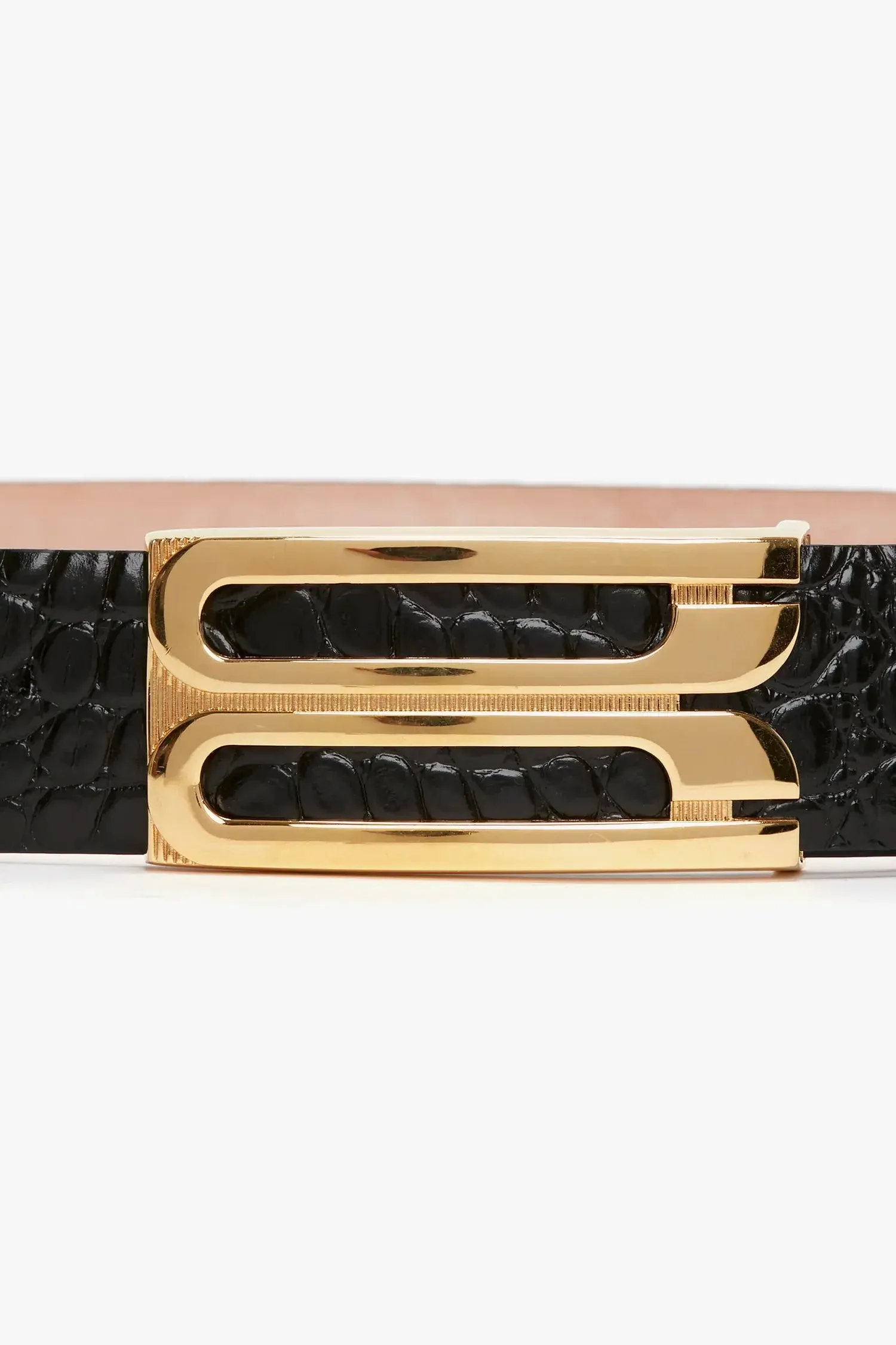 Jumbo Frame Belt In Black Croc-Effect Leather