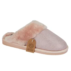 Ladies Bedroom Fleece Trim Slippers Mule Slip On Pink Shimmer