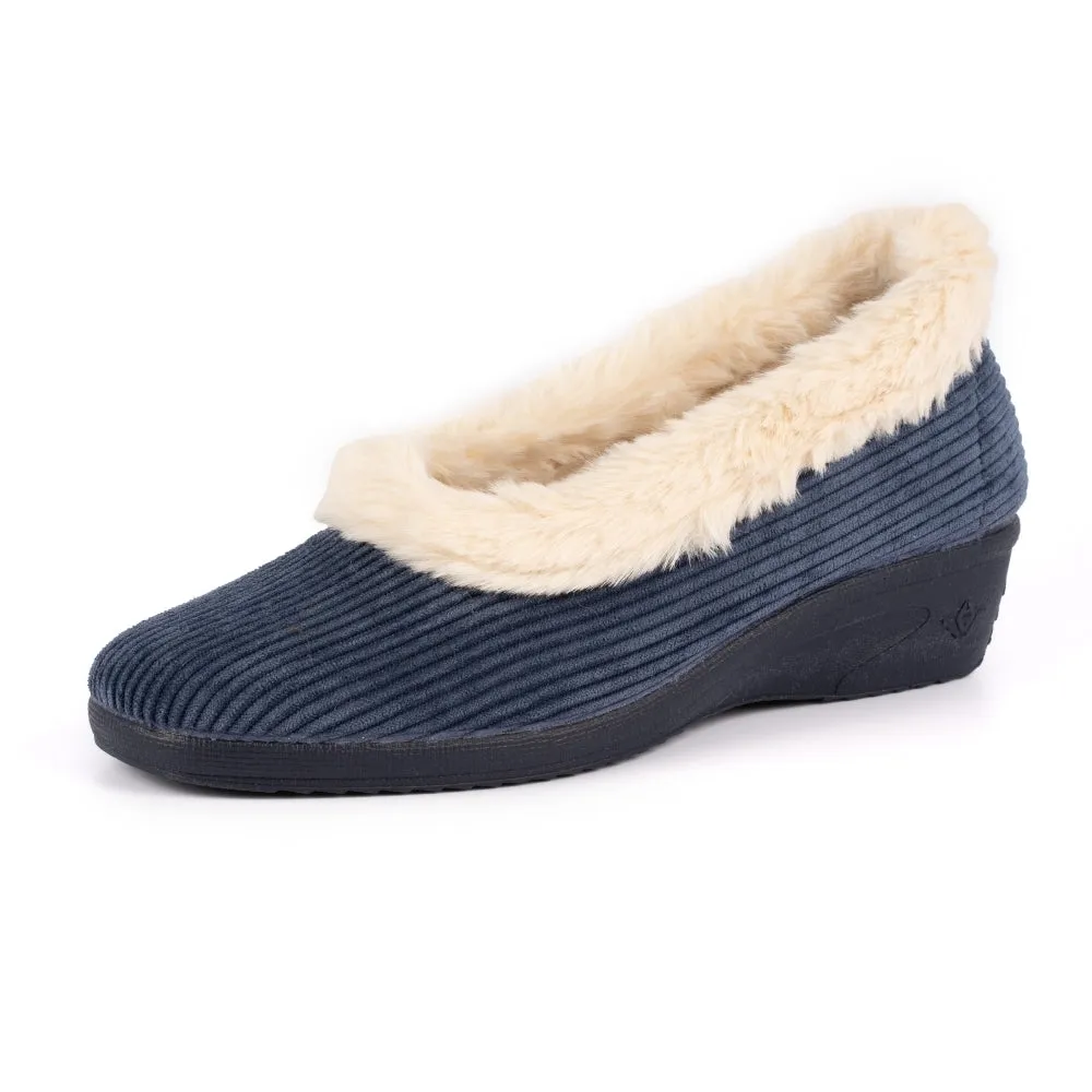 Ladies Bedroom Slippers Lunar Wedge Heel Navy GLYNIS KLA154BL