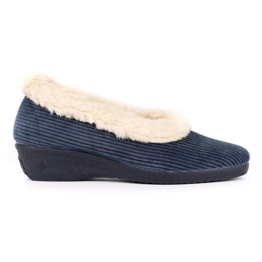 Ladies Bedroom Slippers Lunar Wedge Heel Navy GLYNIS KLA154BL