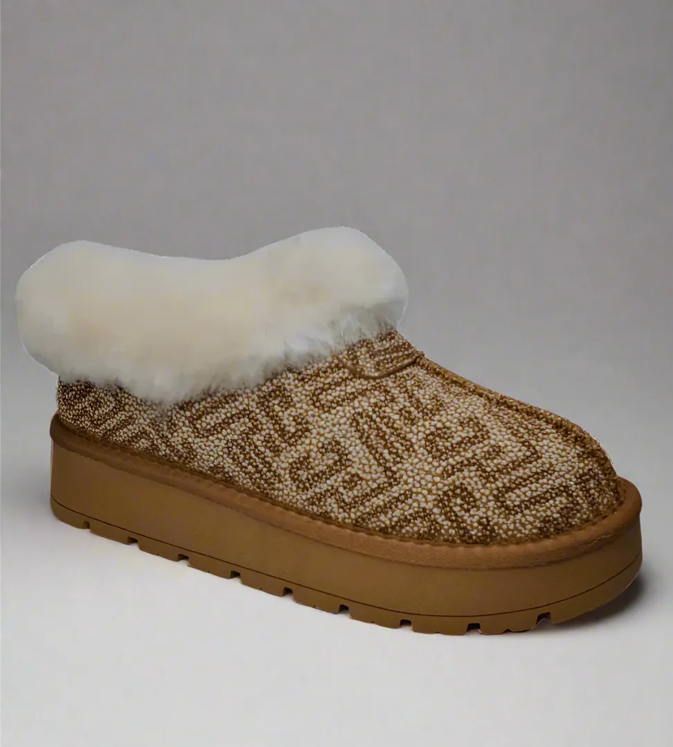 Kingston Warm Shearling-Lined Leather Bedroom Slippers for Ladies in Ice Print - Yukon Style