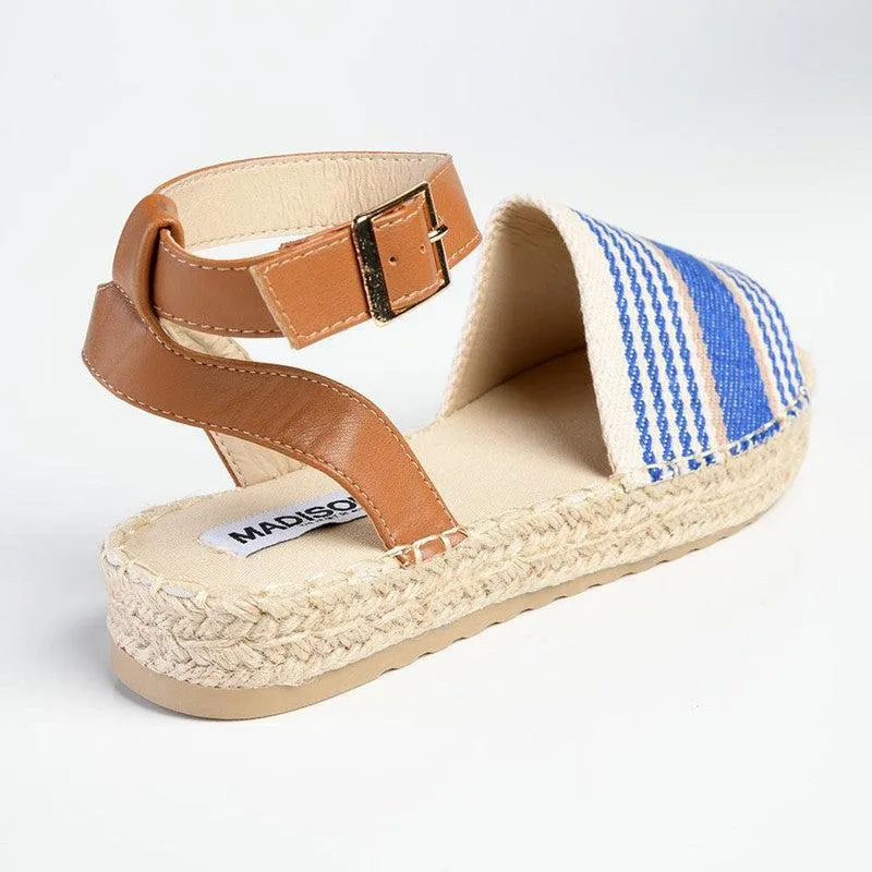 Madison Nautical Stripped Peep Toe Espadrille - Beige/Blue