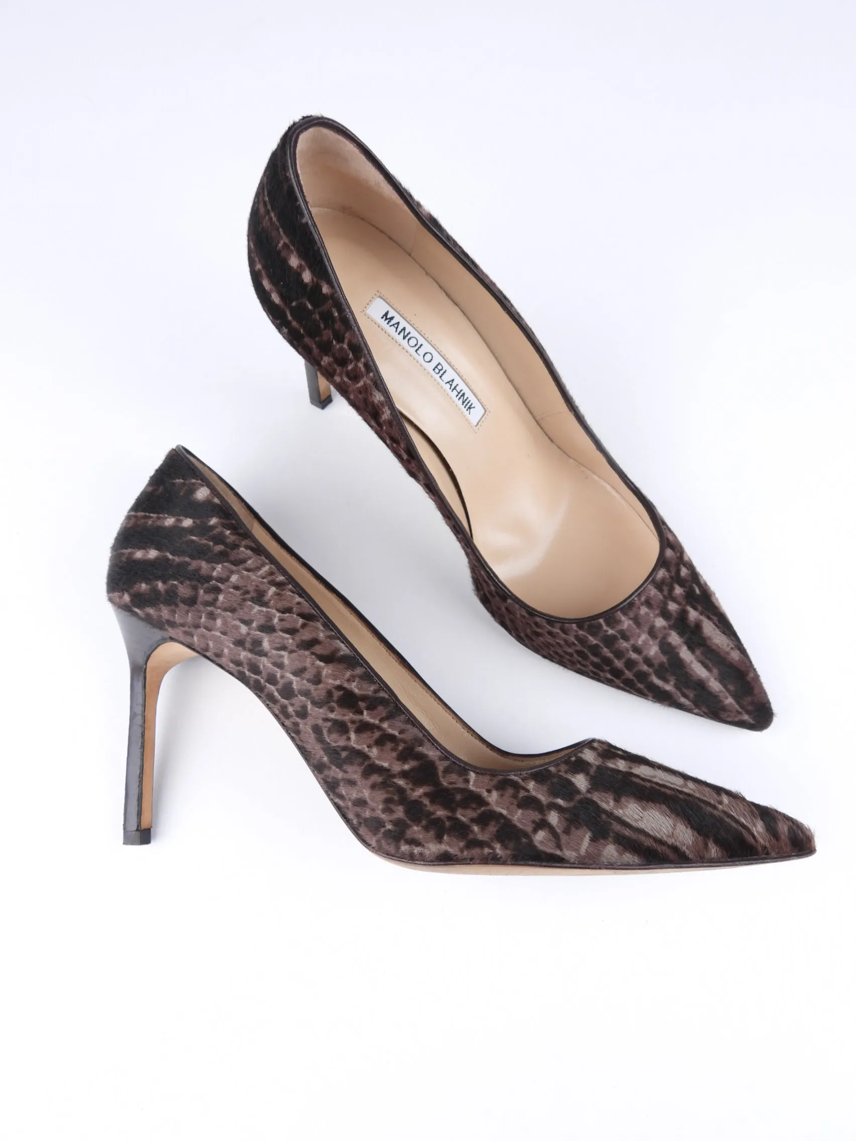 Manolo Blahnik Brown Croc Print Pony Hair Pumps - 37