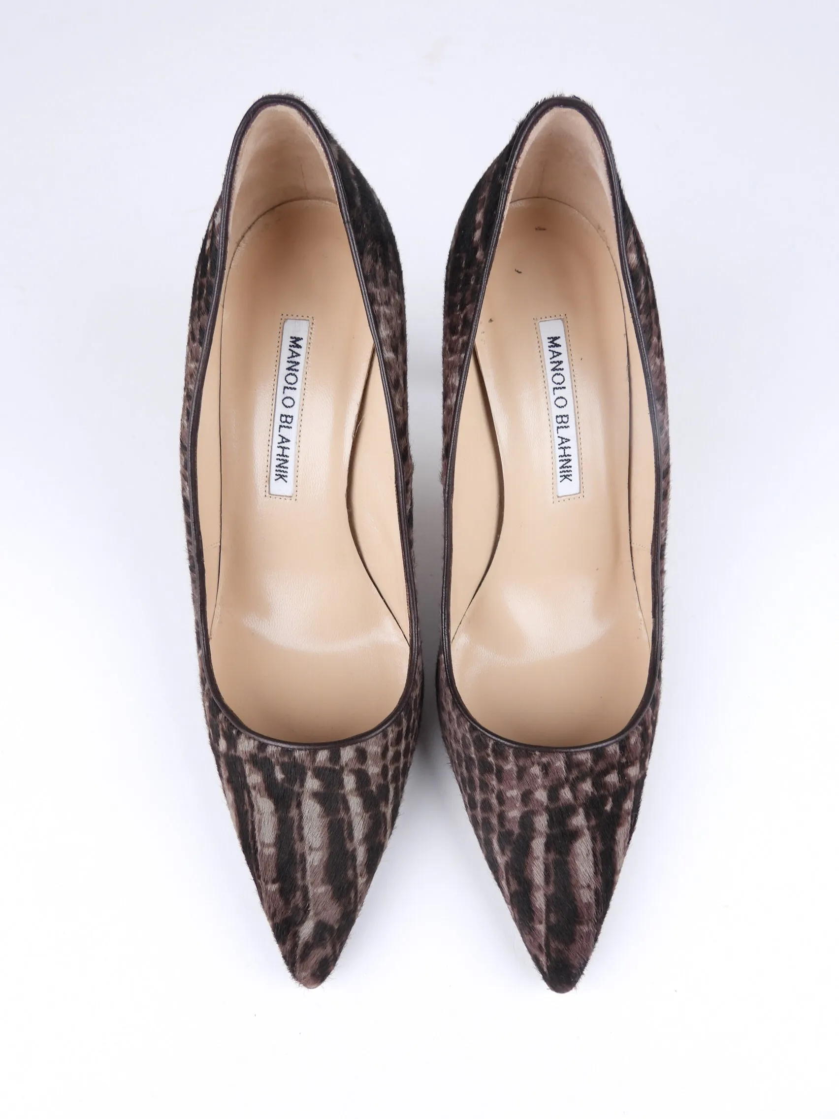 Manolo Blahnik Brown Croc Print Pony Hair Pumps - 37