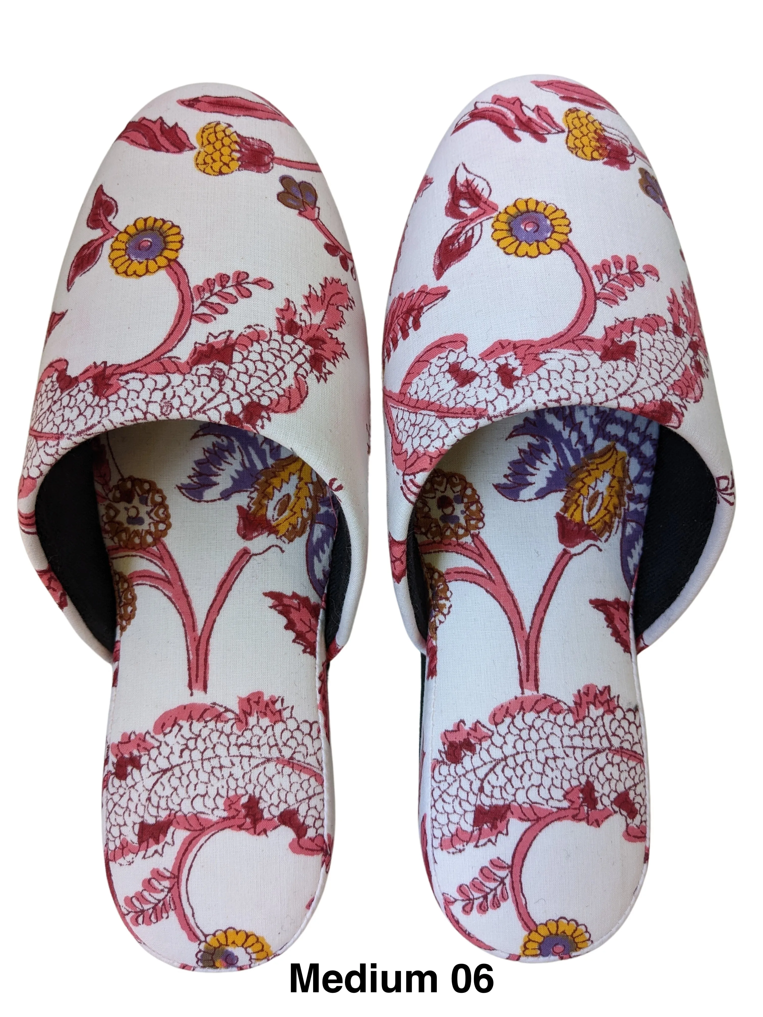 Medium Block Printing Flowers Mix Slippers [Black wool felt soles] MF2205 [Size Medium]