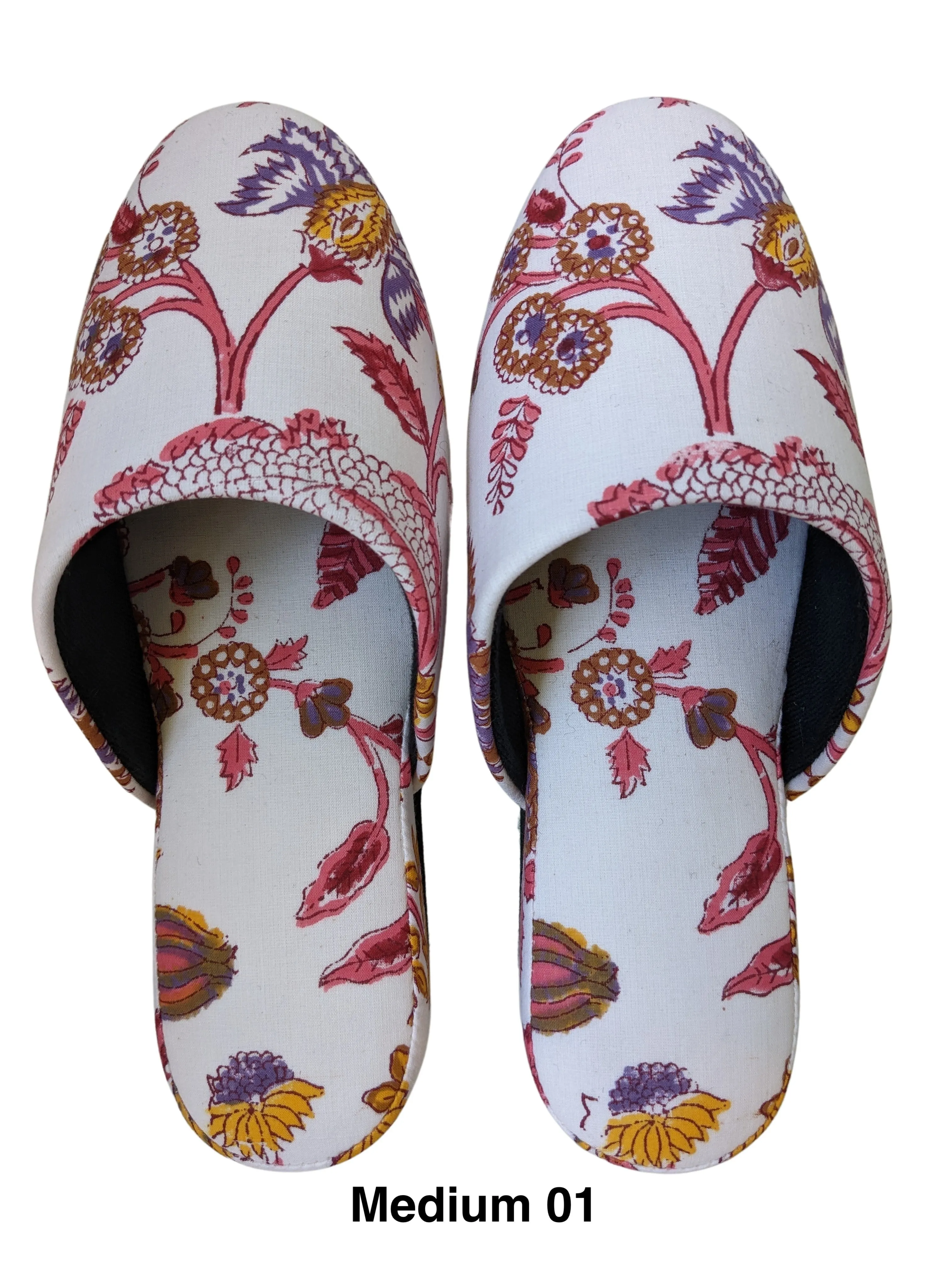 Medium Block Printing Flowers Mix Slippers [Black wool felt soles] MF2205 [Size Medium]