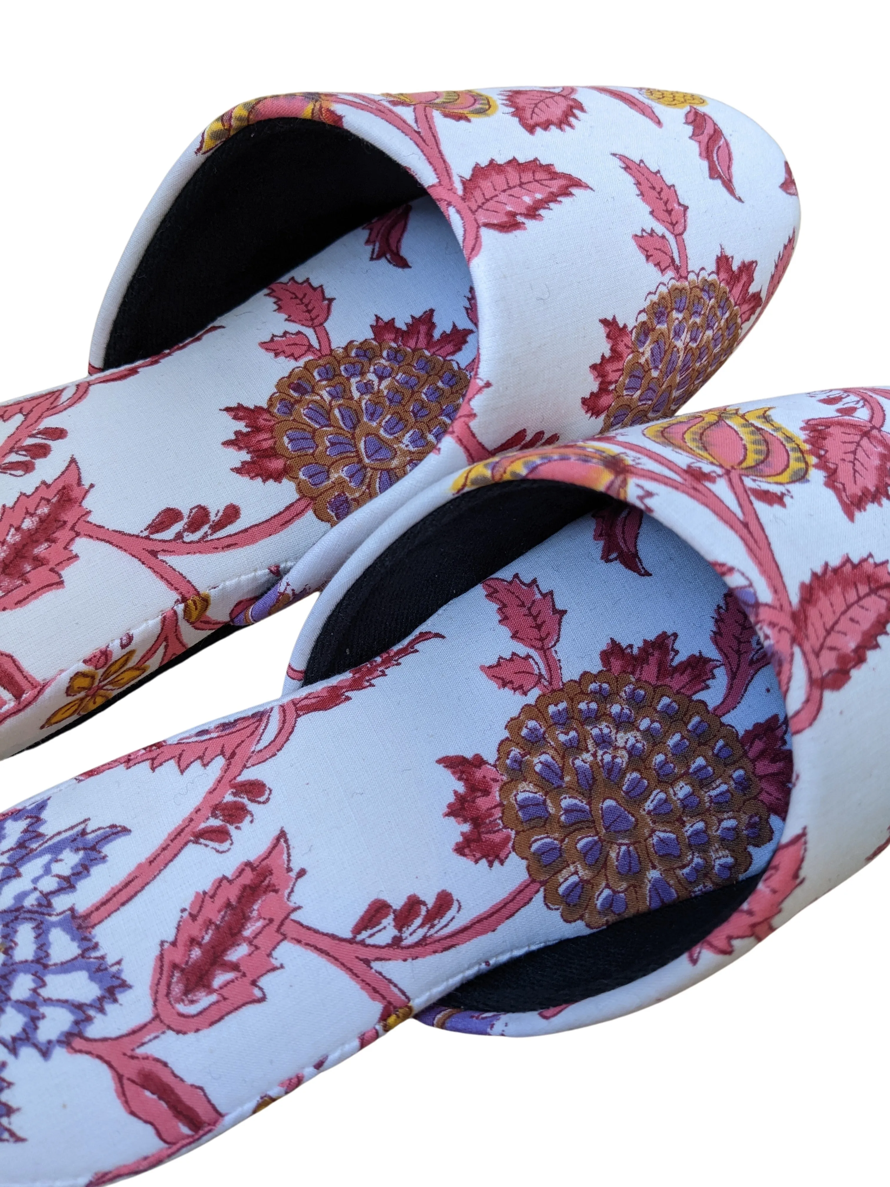 Medium Block Printing Flowers Mix Slippers [Black wool felt soles] MF2205 [Size Medium]