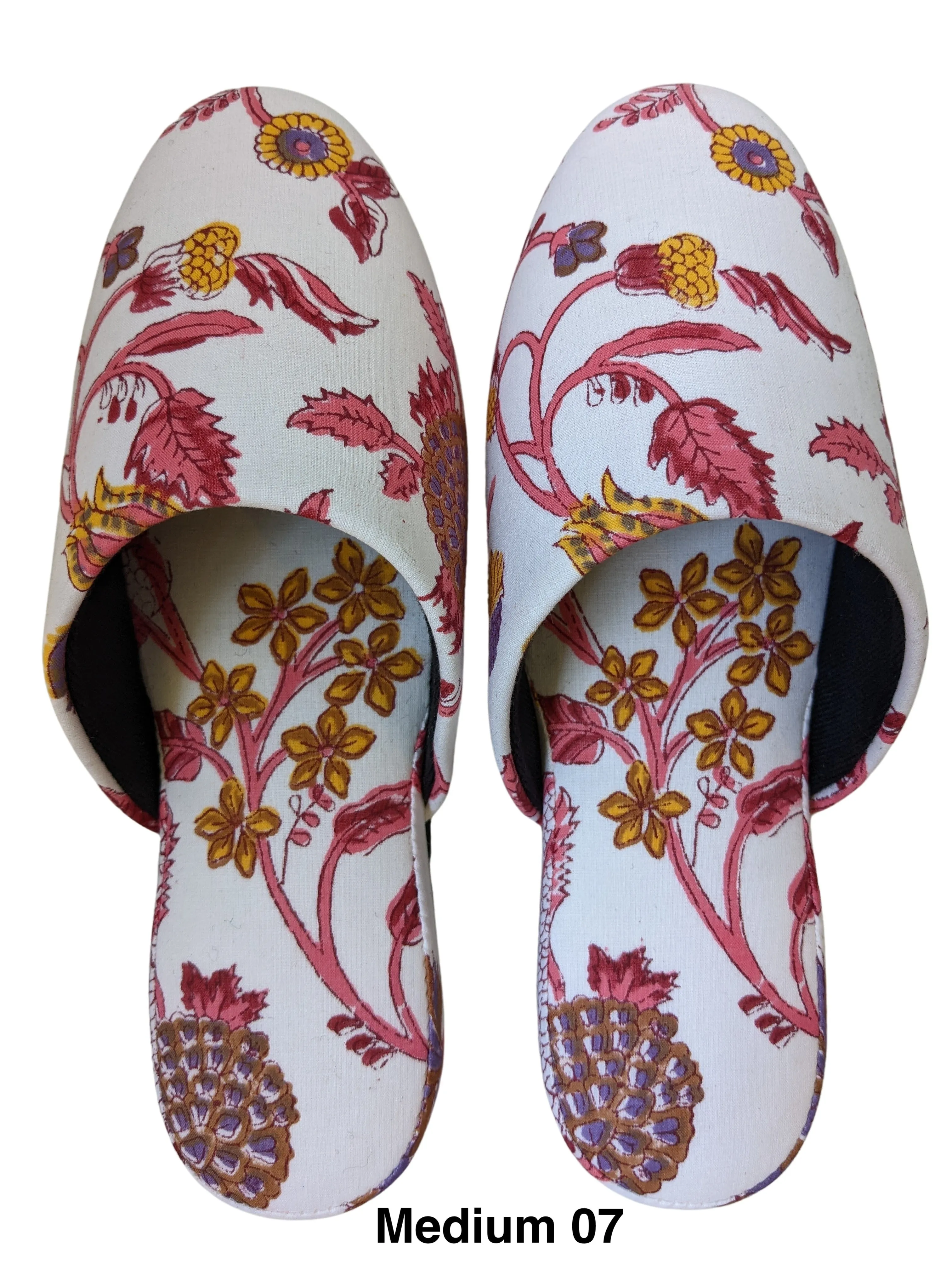 Medium Block Printing Flowers Mix Slippers [Black wool felt soles] MF2205 [Size Medium]