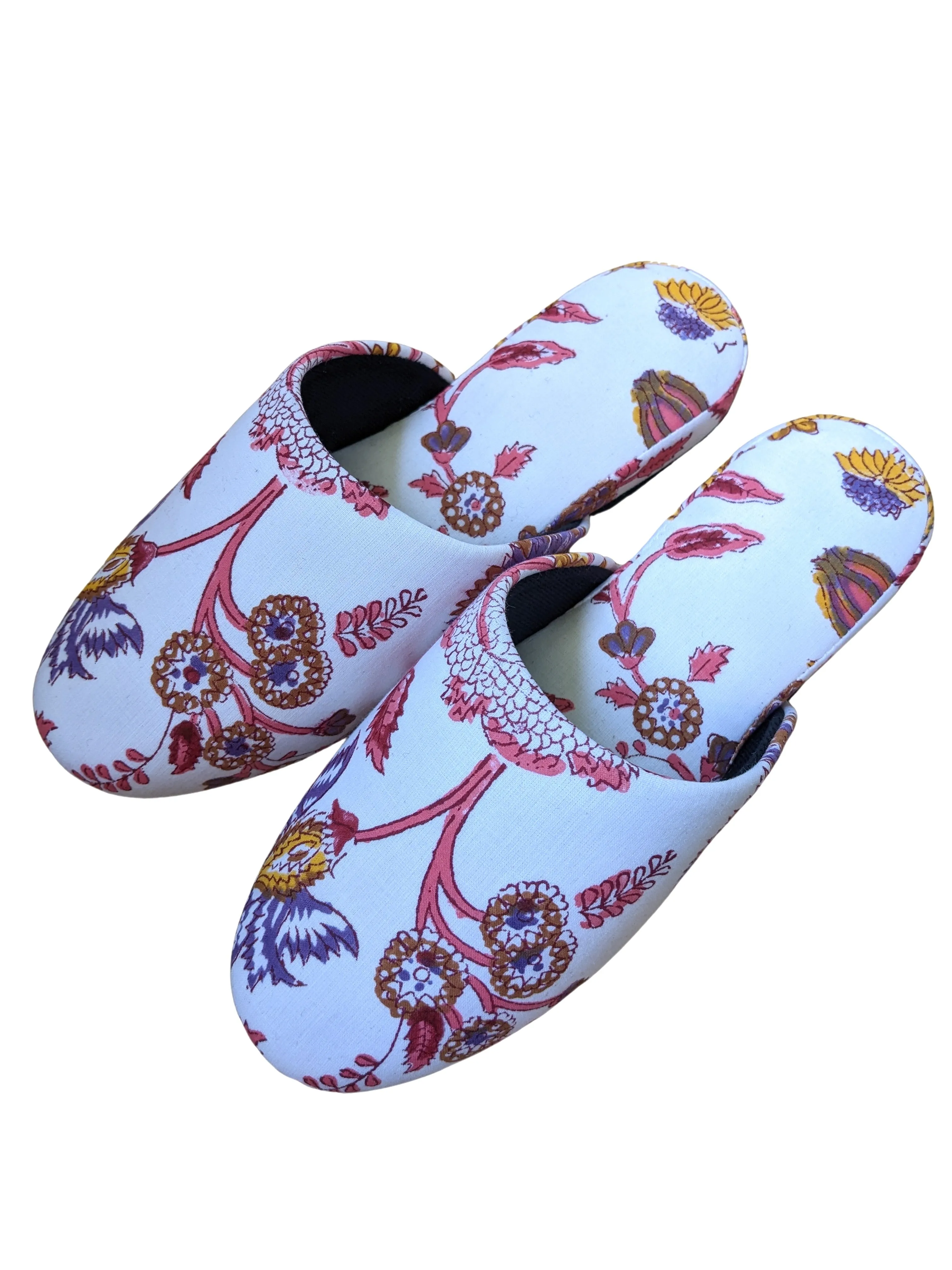 Medium Block Printing Flowers Mix Slippers [Black wool felt soles] MF2205 [Size Medium]