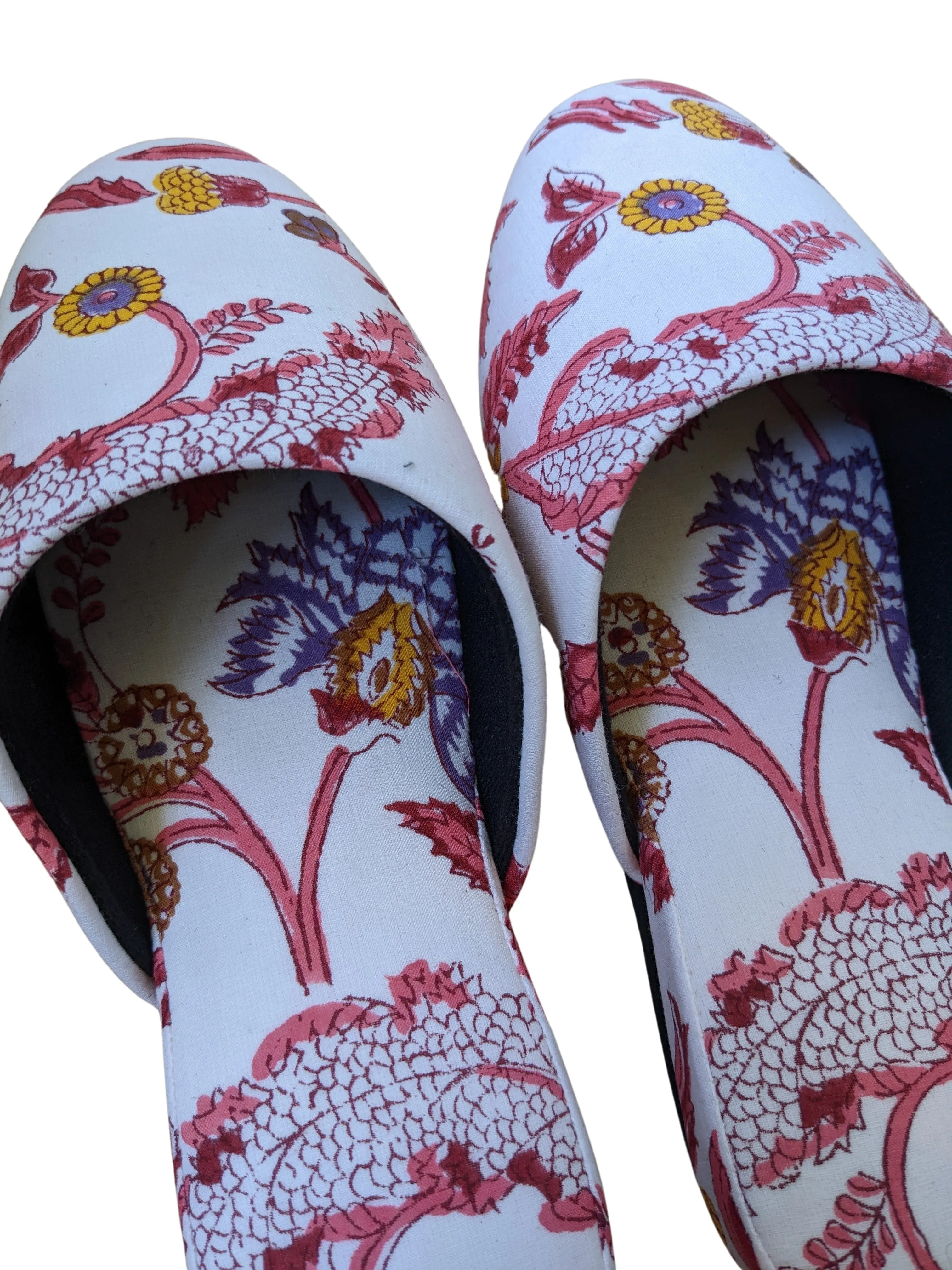 Medium Block Printing Flowers Mix Slippers [Black wool felt soles] MF2205 [Size Medium]