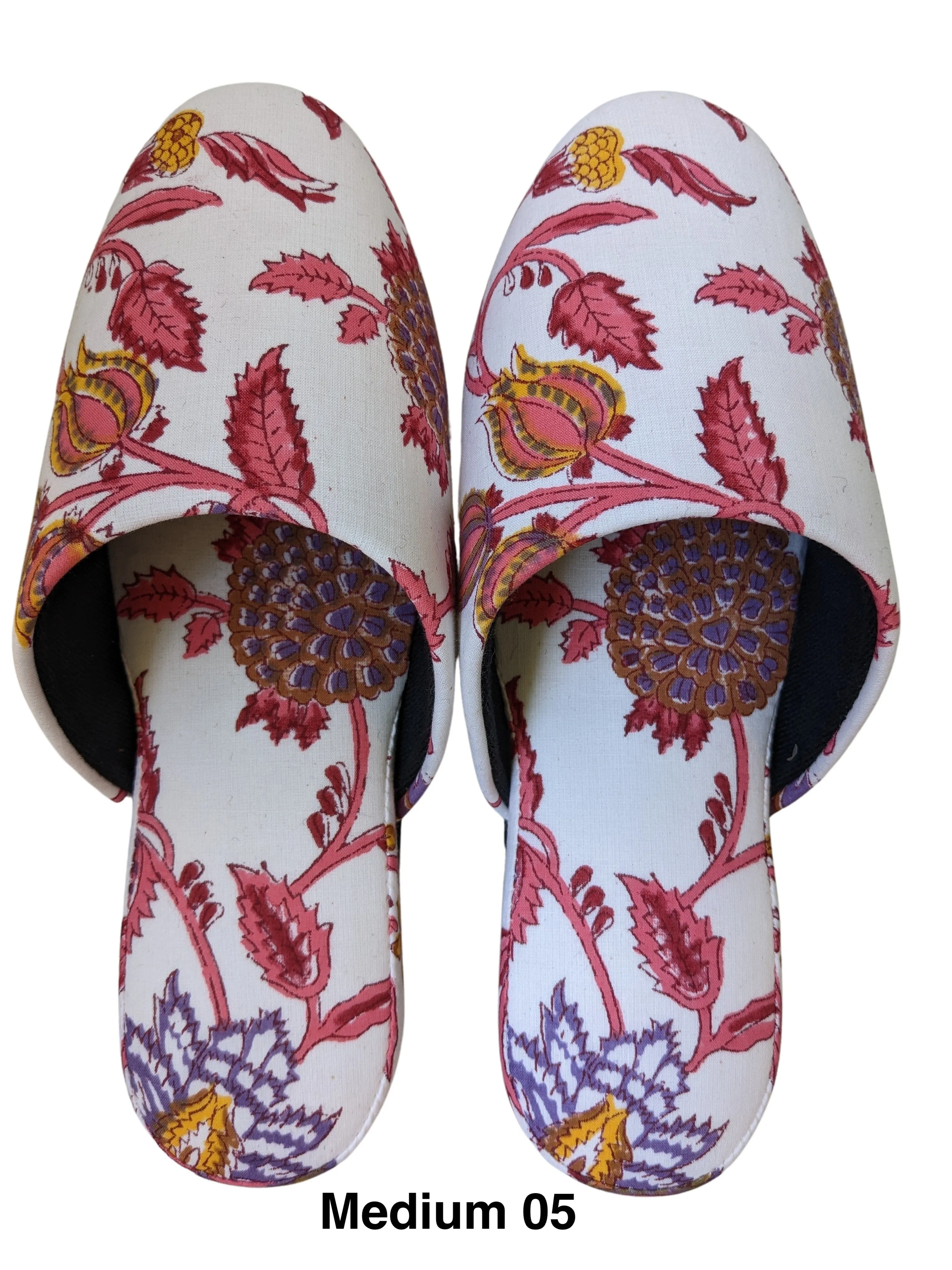 Medium Block Printing Flowers Mix Slippers [Black wool felt soles] MF2205 [Size Medium]