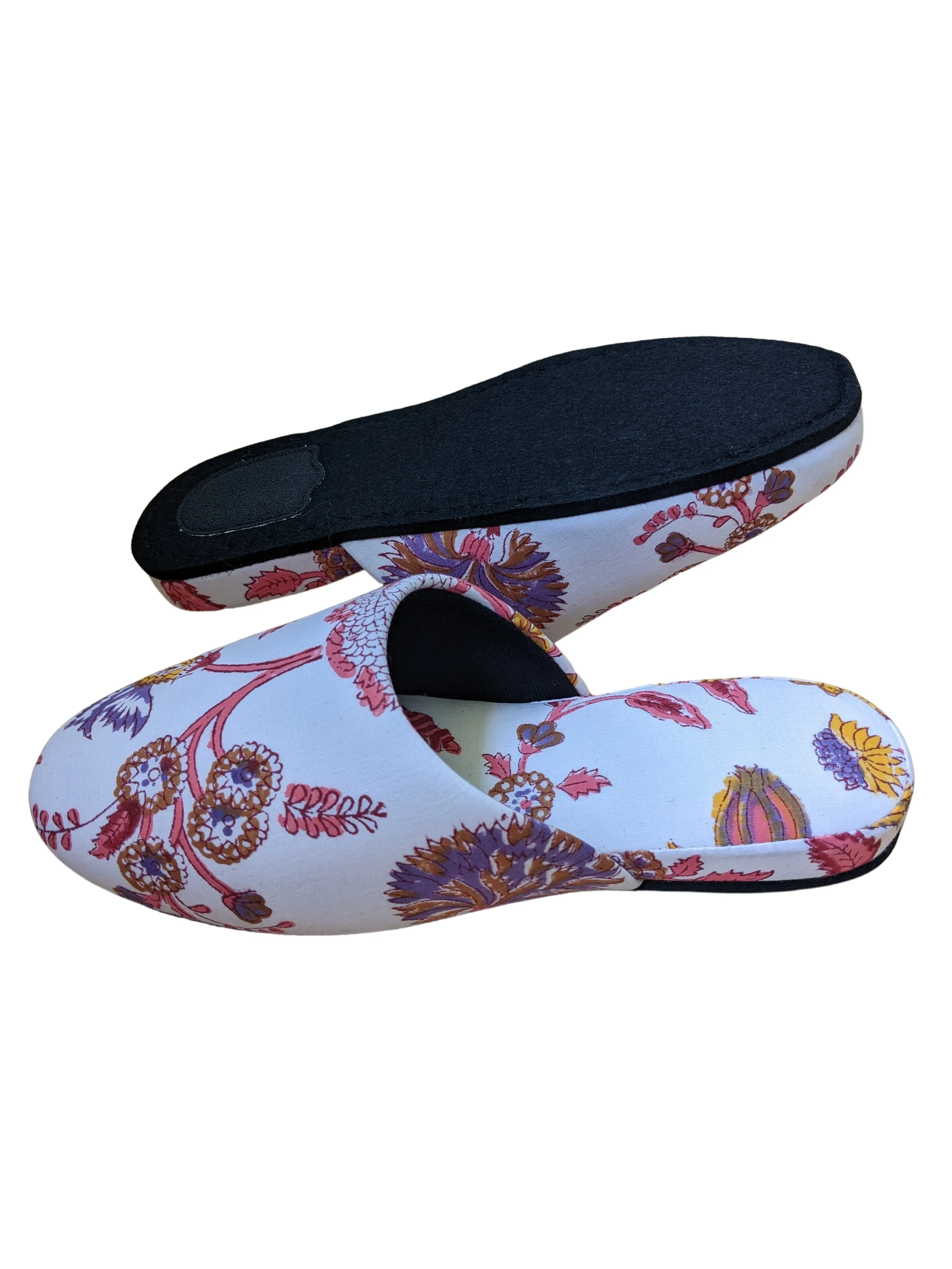 Medium Block Printing Flowers Mix Slippers [Black wool felt soles] MF2205 [Size Medium]