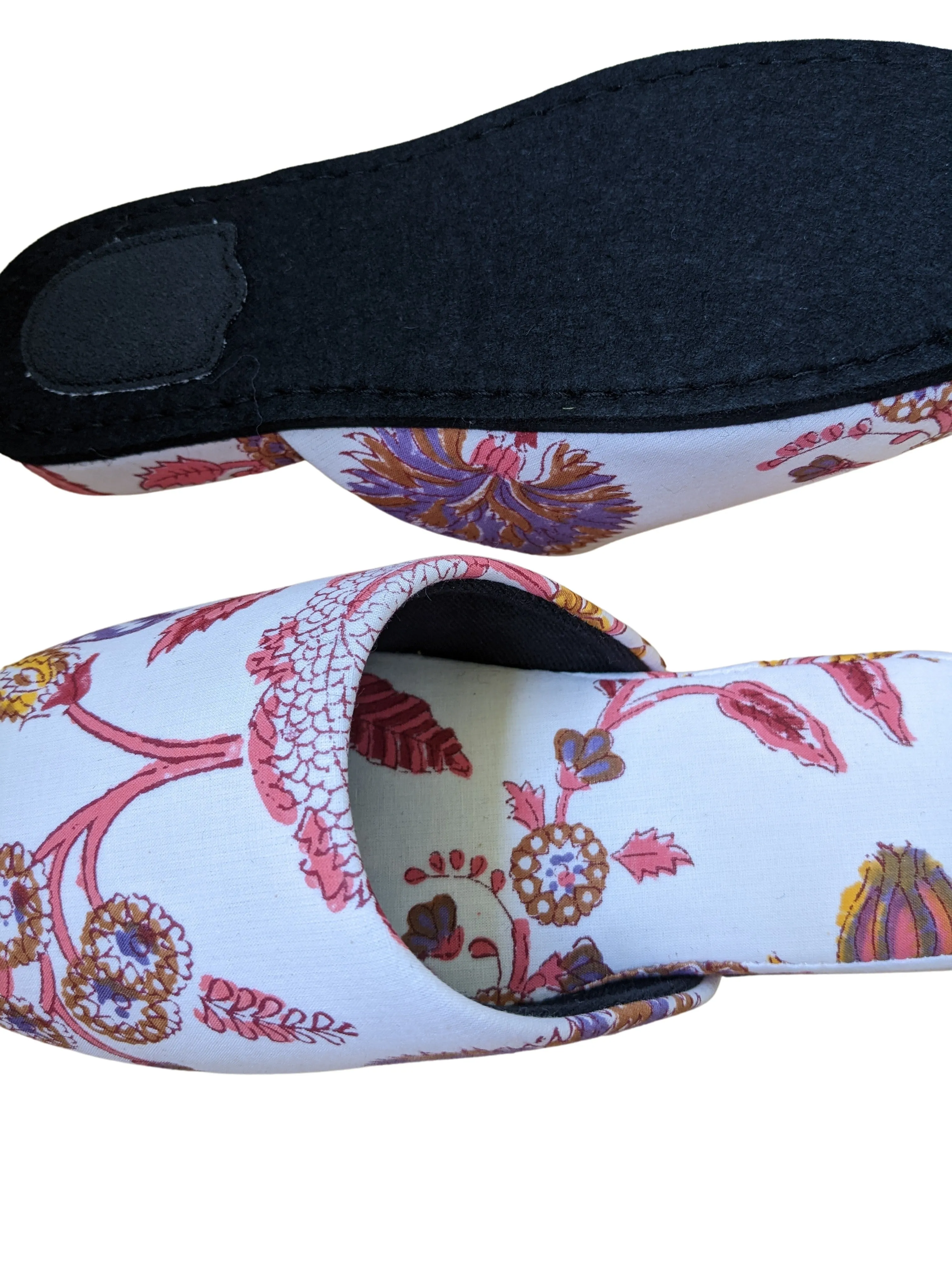 Medium Block Printing Flowers Mix Slippers [Black wool felt soles] MF2205 [Size Medium]