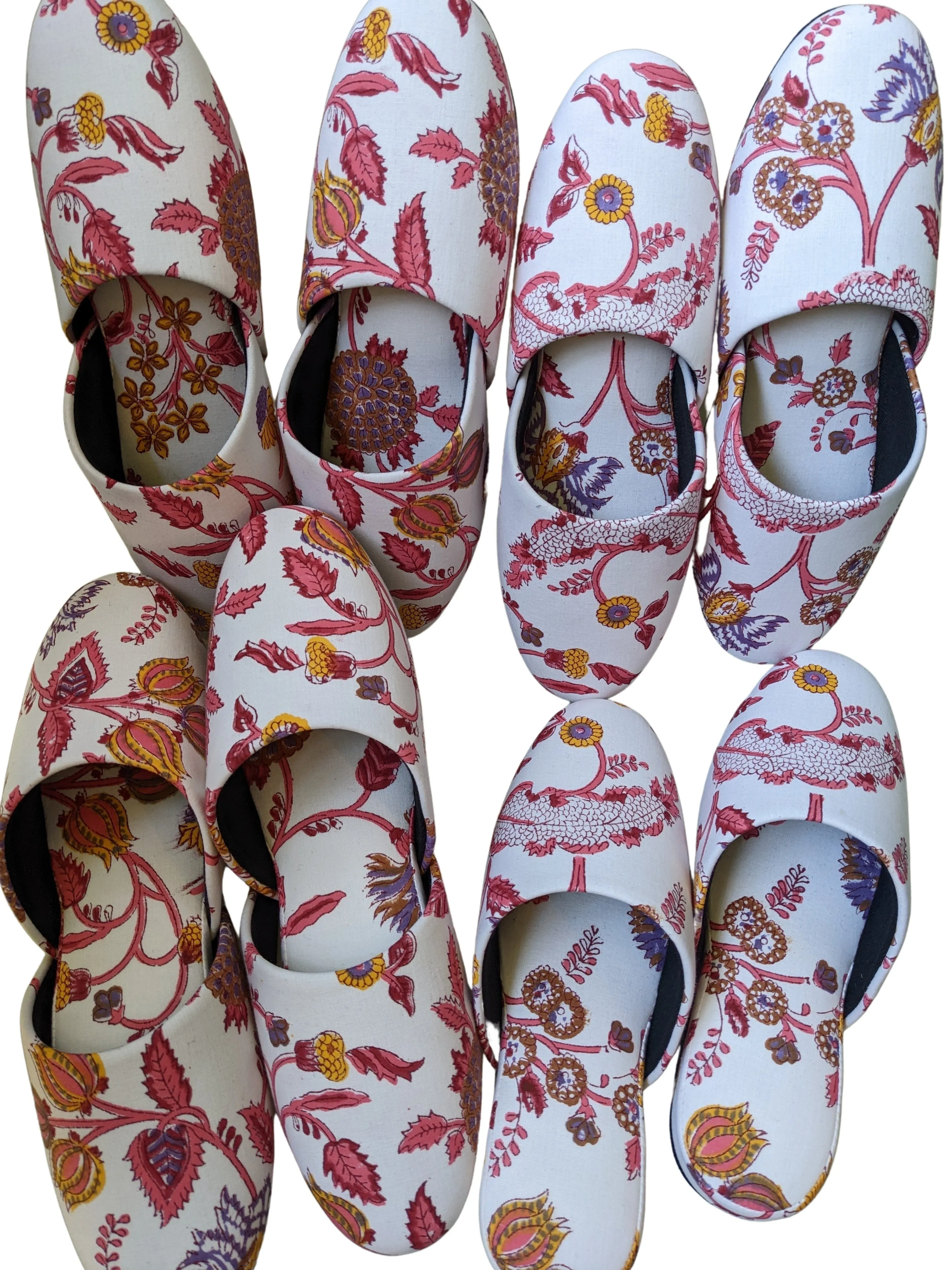 Medium Block Printing Flowers Mix Slippers [Black wool felt soles] MF2205 [Size Medium]