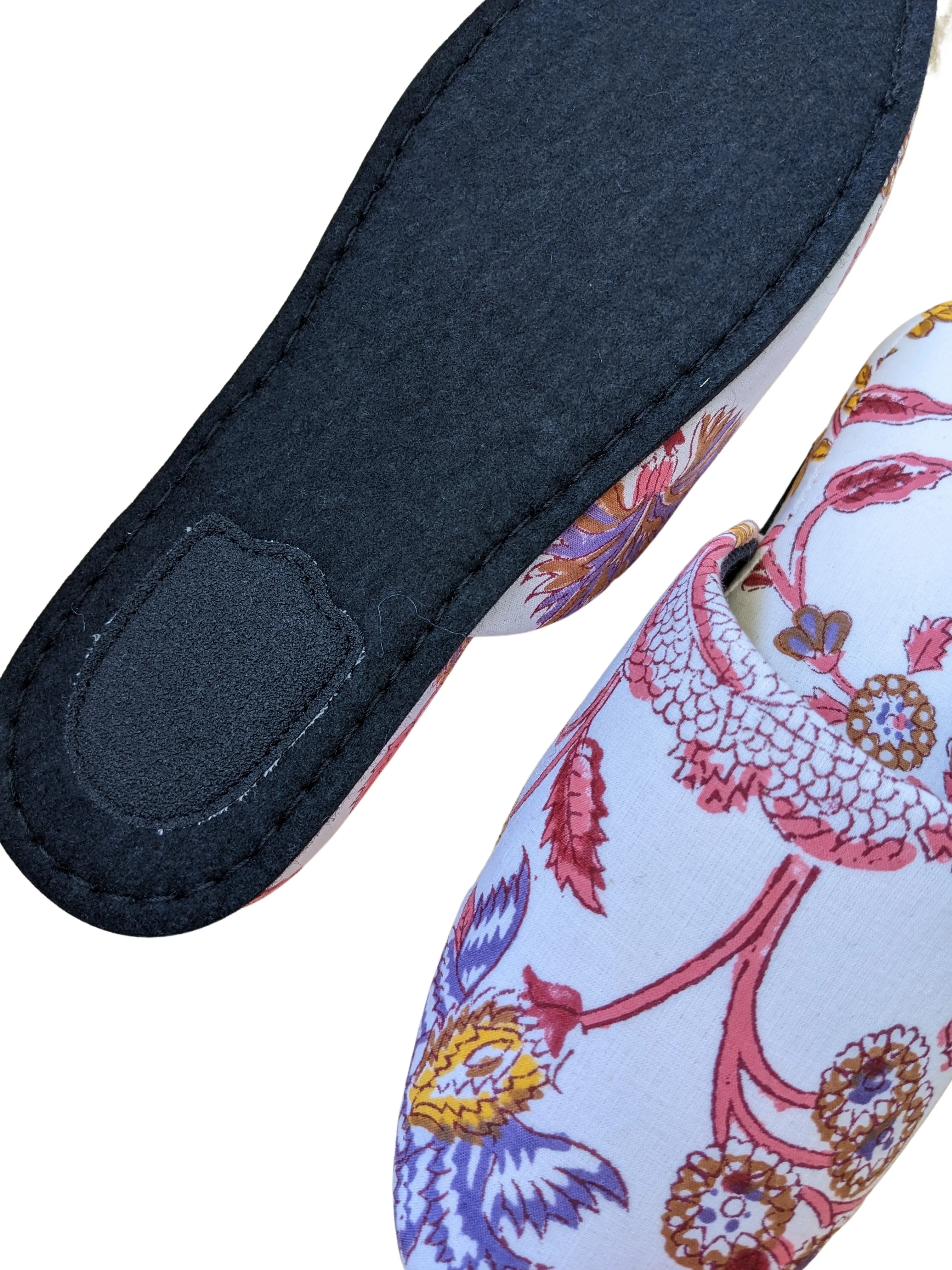 Medium Block Printing Flowers Mix Slippers [Black wool felt soles] MF2205 [Size Medium]