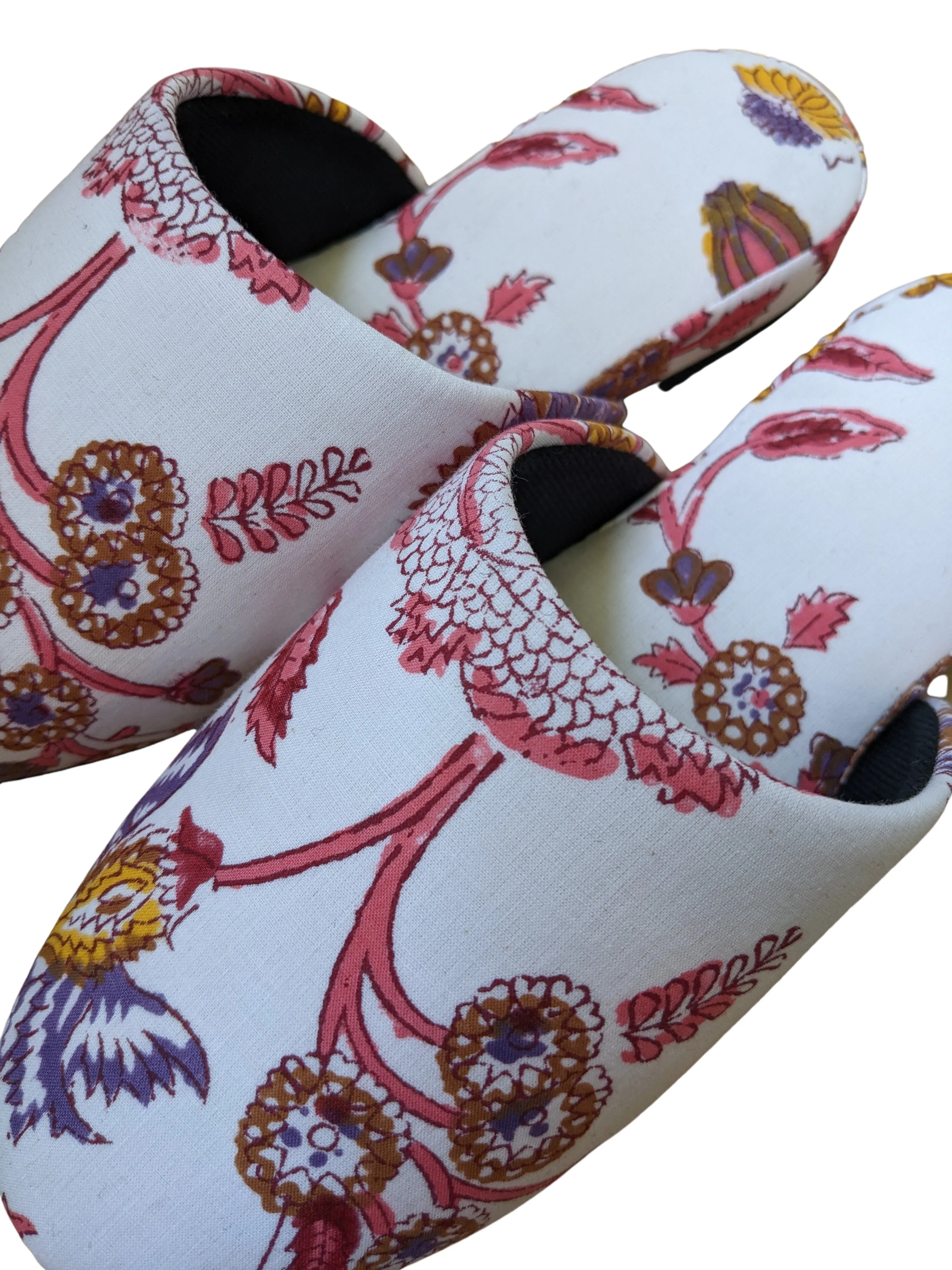 Medium Block Printing Flowers Mix Slippers [Black wool felt soles] MF2205 [Size Medium]