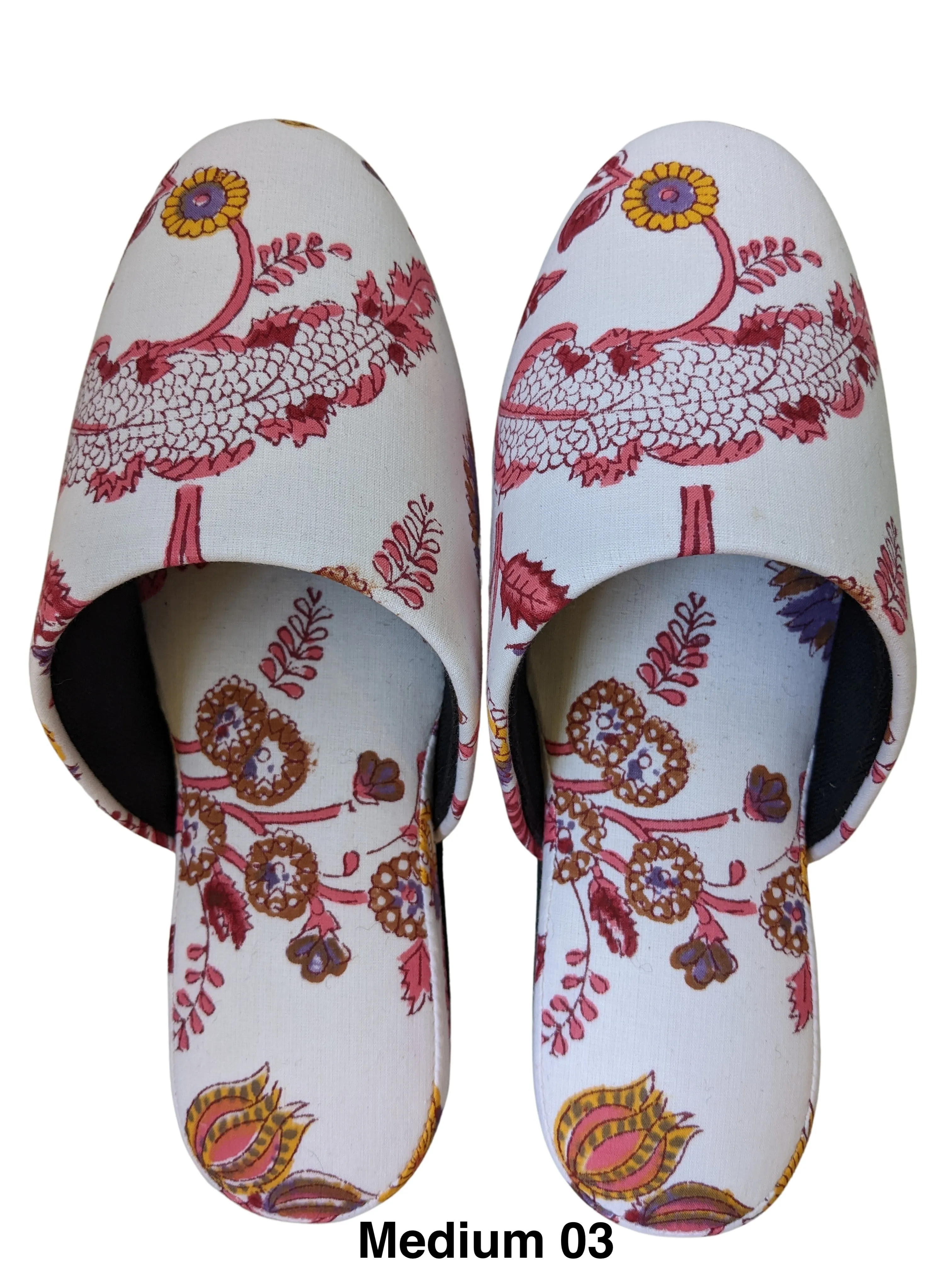 Medium Block Printing Flowers Mix Slippers [Black wool felt soles] MF2205 [Size Medium]