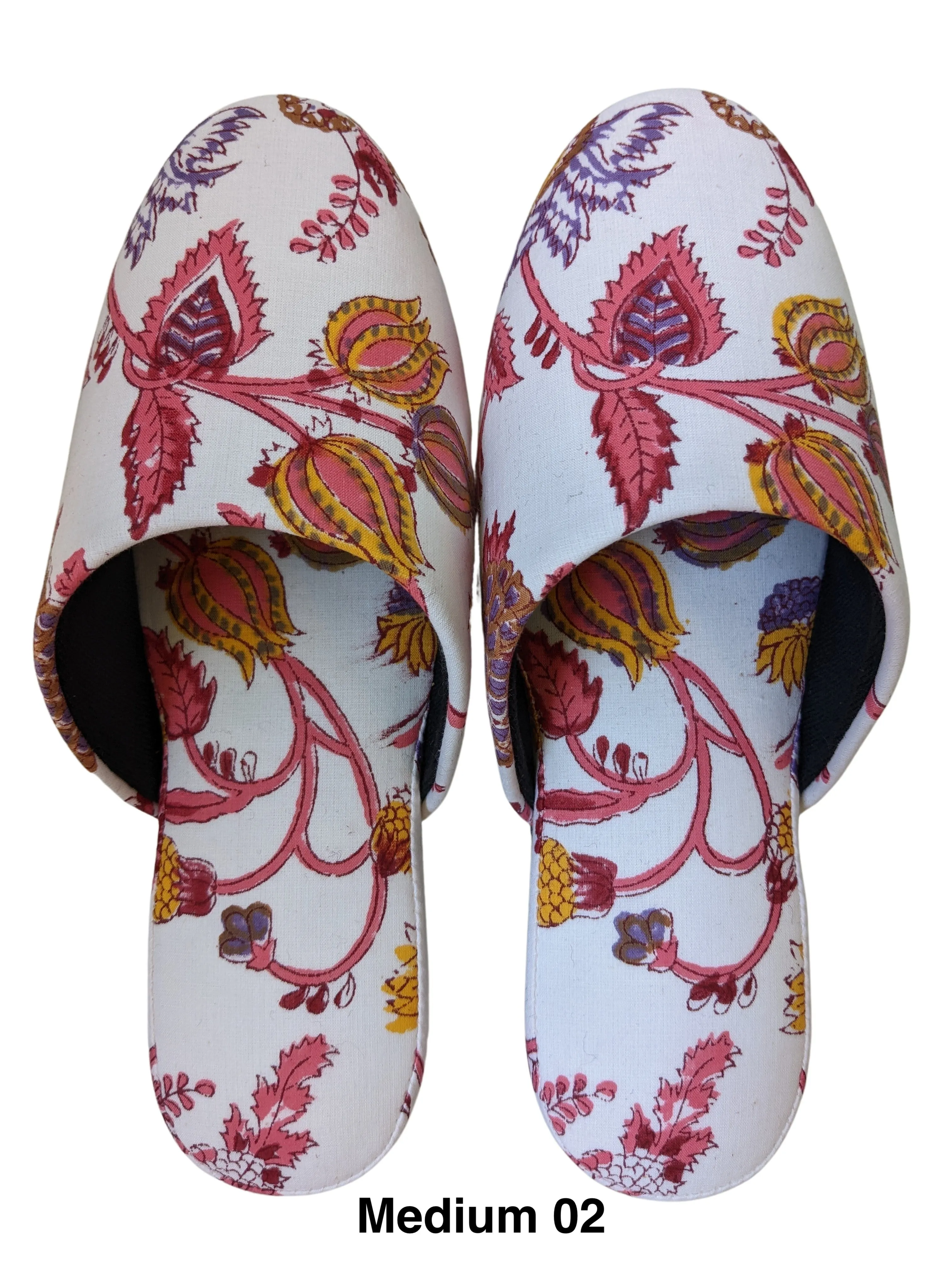 Medium Block Printing Flowers Mix Slippers [Black wool felt soles] MF2205 [Size Medium]