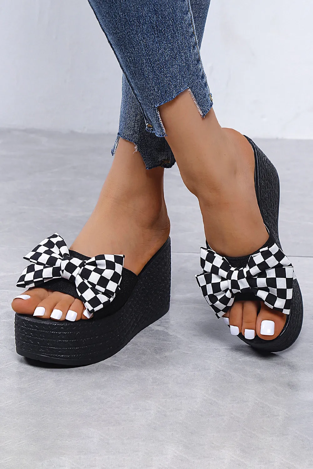 Plaid Bowknot Platform Sandals Women Casual Summer Open Toe Wedges Sandals