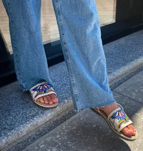 The Pompom Embroidered Slippers Blue