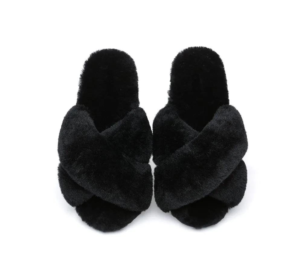 UGG Slides Sheepskin Wool Crossover Fluffy Slides Linty