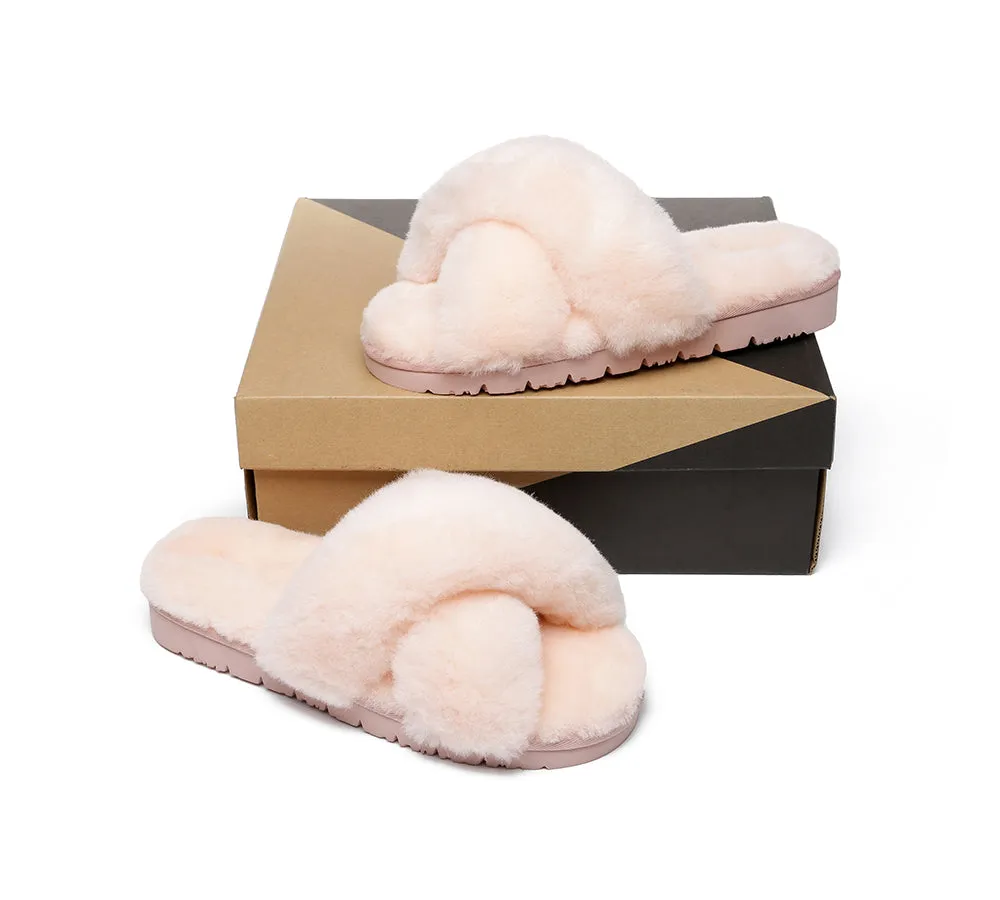 UGG Slides Women Fluffy Cross Slides Sandals Leanna Scuff