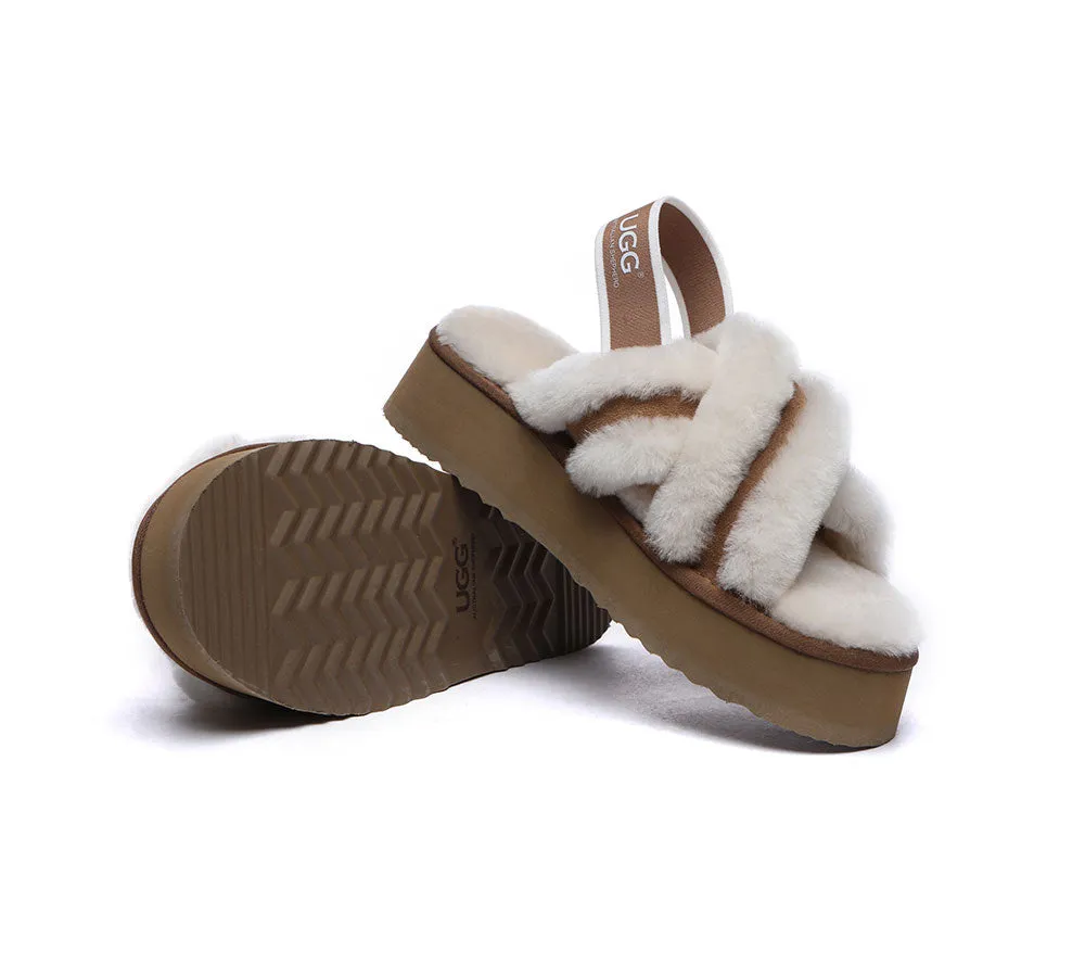 UGG Slides Women High Platform Cross-Over Fluffy Sandals Aditi