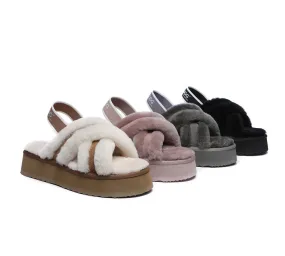 UGG Slides Women High Platform Cross-Over Fluffy Sandals Aditi