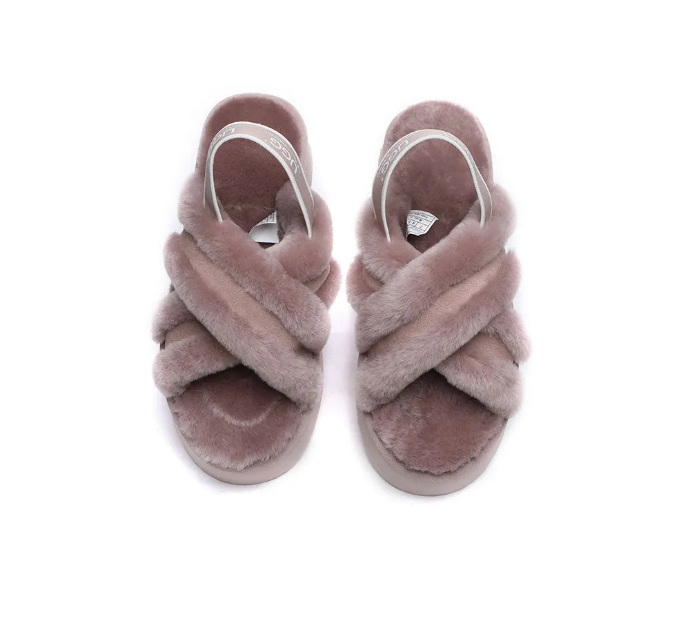 UGG Slides Women High Platform Cross-Over Fluffy Sandals Aditi