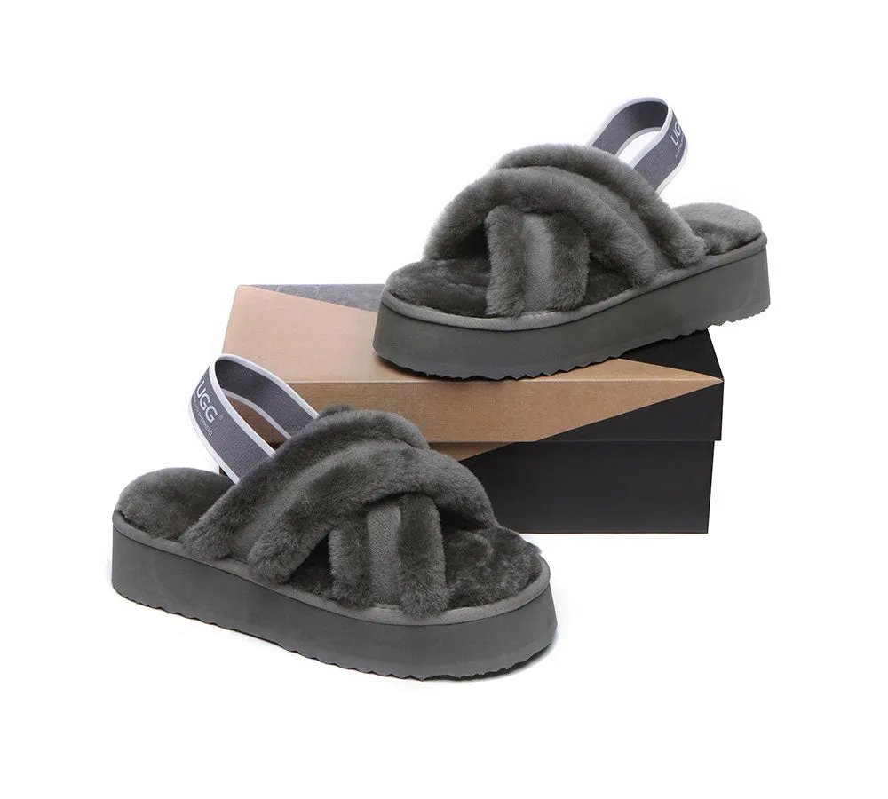 UGG Slides Women High Platform Cross-Over Fluffy Sandals Aditi