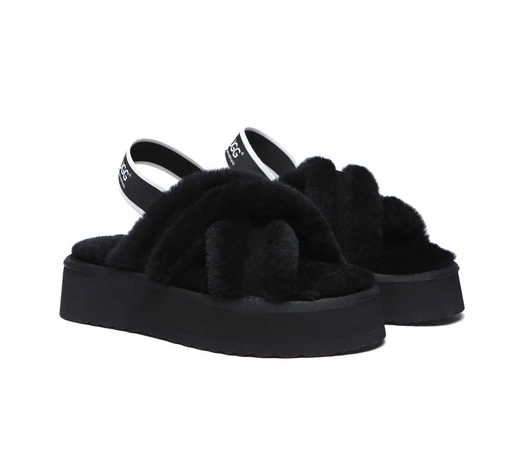 UGG Slides Women High Platform Cross-Over Fluffy Sandals Aditi