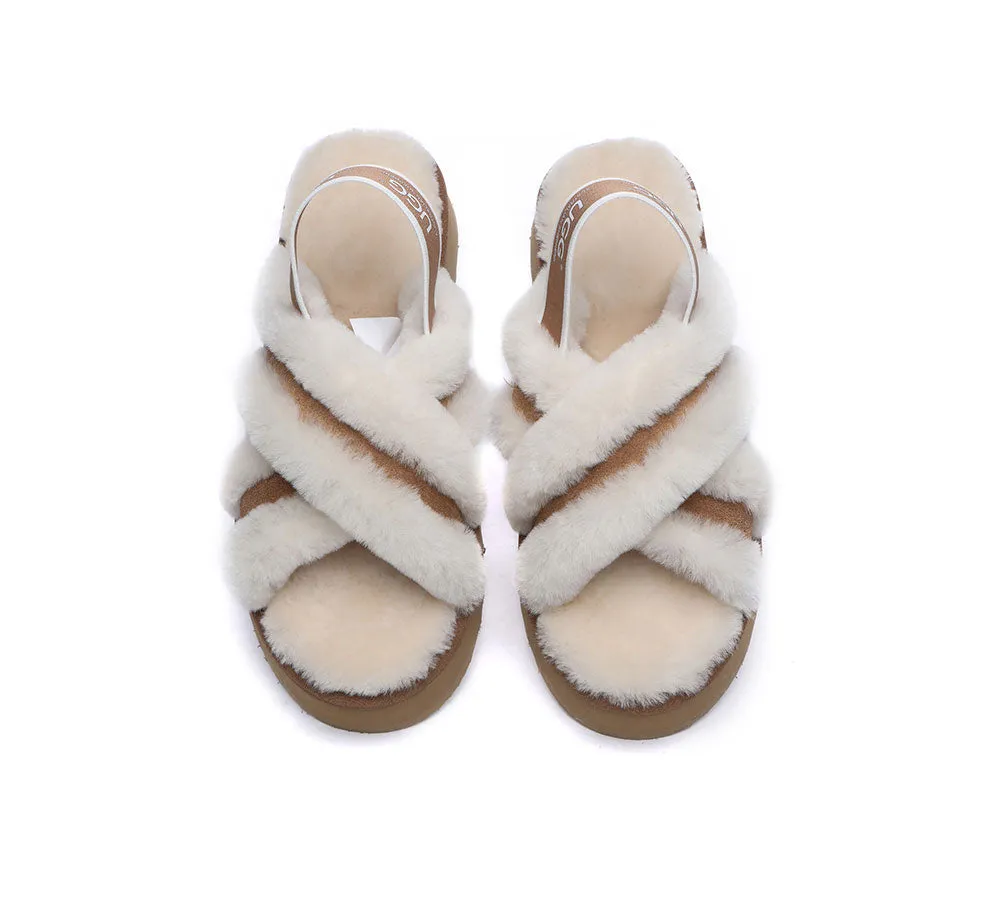 UGG Slides Women High Platform Cross-Over Fluffy Sandals Aditi