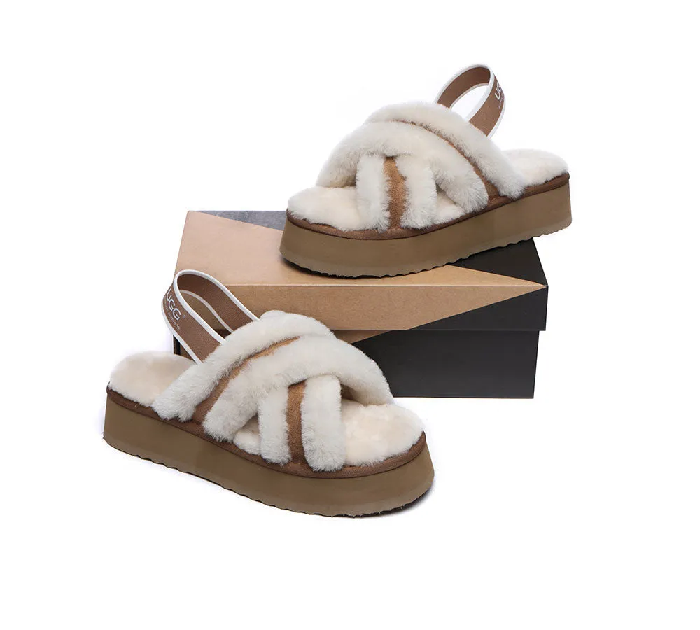 UGG Slides Women High Platform Cross-Over Fluffy Sandals Aditi