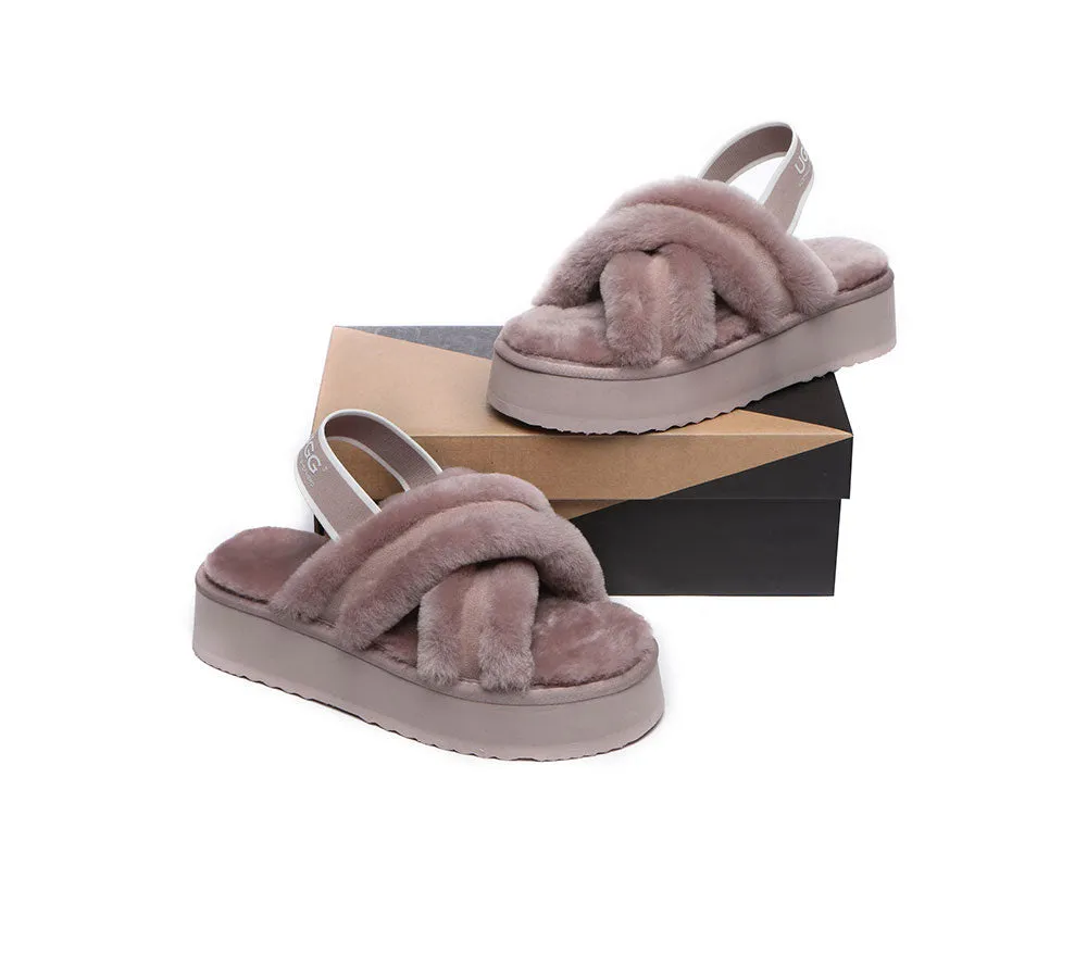 UGG Slides Women High Platform Cross-Over Fluffy Sandals Aditi